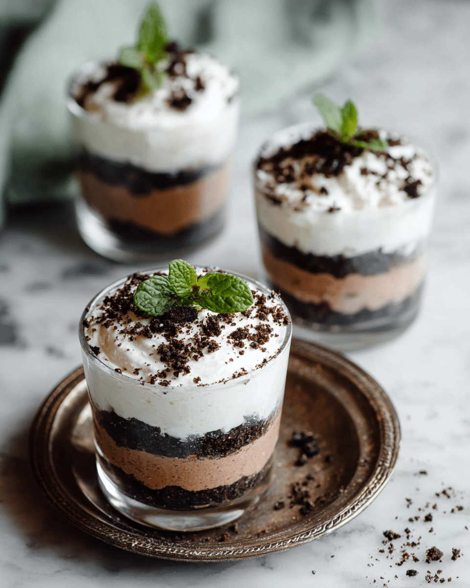 Three clear glass cups hold layered desserts placed on a white marbled surface. Each dessert has four visible layers: a bottom layer of light brown mousse, followed by a white creamy layer, then a dark crumbly layer of crushed cookies, and topped with a thick white whipped cream layer sprinkled with more dark cookie crumbs. One cup in the front sits on an old, decorative bronze tray and is garnished with a fresh green mint leaf on top. The two cups in the back are plain, without mint, and a soft green cloth is partially visible on the left. Photo taken with an iphone --ar 4:5 --v 7