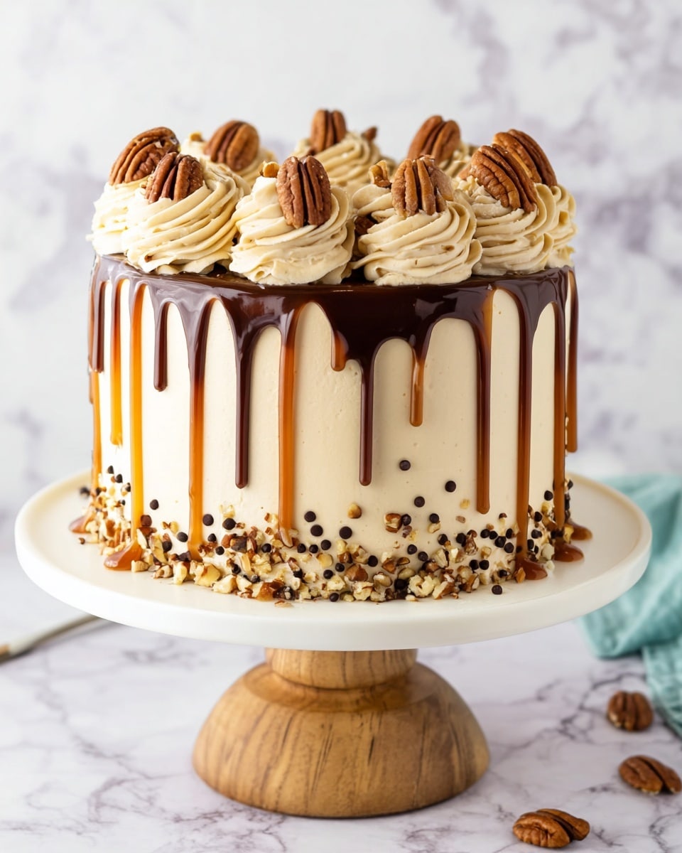 A round cake with smooth light beige frosting is decorated with chocolate and caramel drips flowing down the sides. The top edge is topped with swirls of creamy frosting, each holding a whole pecan, with chopped nuts sprinkled around and on top. The base of the cake is lined with a mix of chopped nuts and tiny chocolate chips. The cake sits on a white round cake stand with a wooden base, placed on a white marbled surface. Photo taken with an iphone --ar 4:5 --v 7