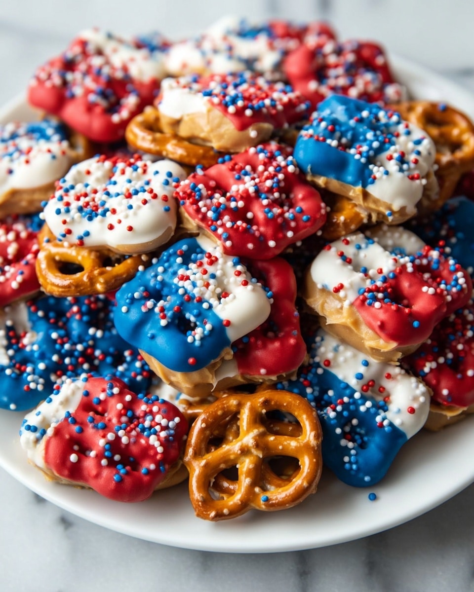 The image shows a pile of small snacks made from three layers: a light brown pretzel on top with a shiny, crisscross texture, a middle layer of creamy beige peanut butter, and the bottom half dipped in smooth, colorful coatings. The coatings come in three colors: bright red, deep blue, and white, each sprinkled evenly with tiny round red, white, and blue sprinkles. The snacks are heaped together on a white plate, all sitting on a white marbled surface. photo taken with an iphone --ar 4:5 --v 7