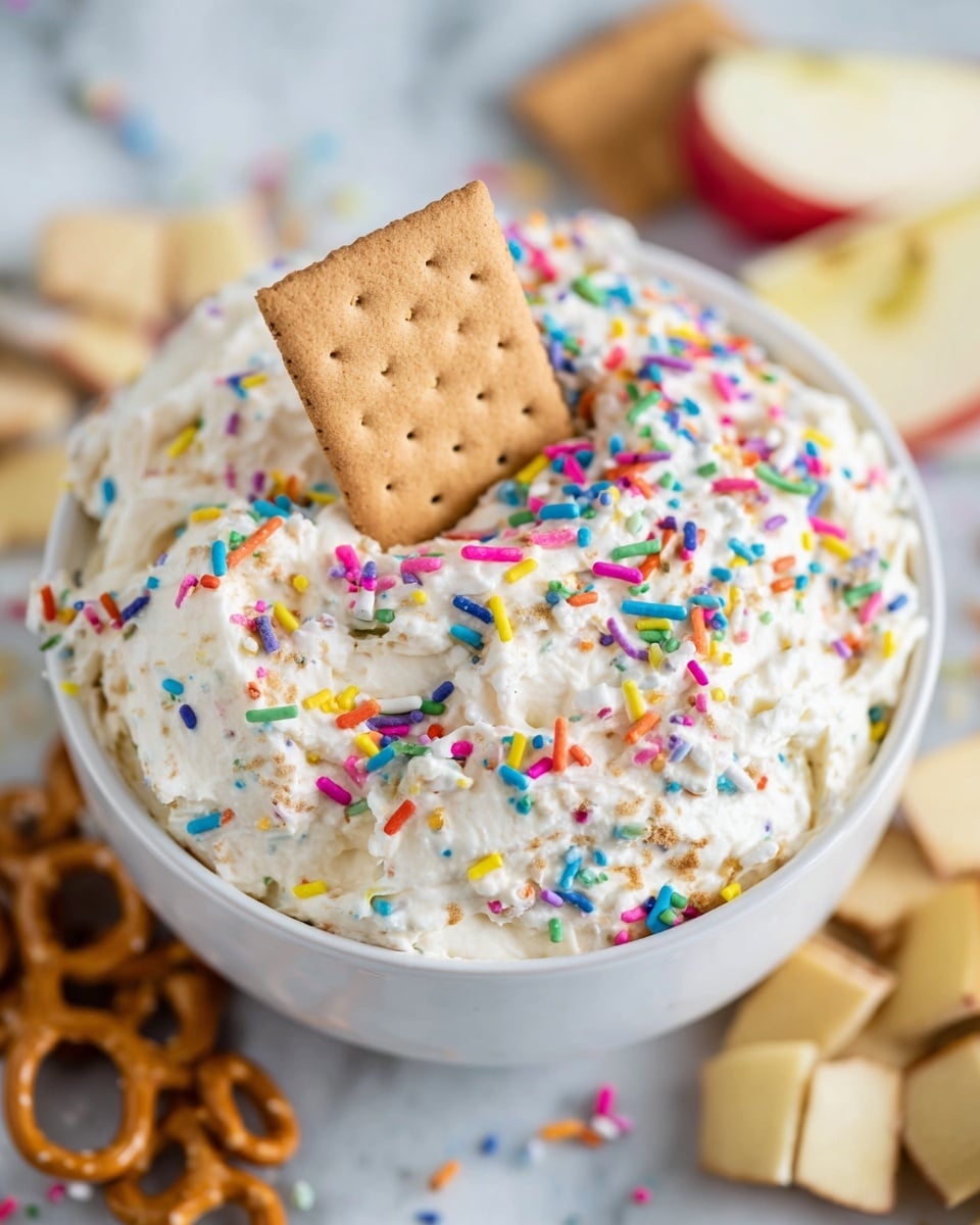 A white cup filled with a thick, creamy layer of pale beige dip, topped generously with colorful sprinkles in shades of pink, blue, orange, green, purple, white, and yellow scattered all over the surface. In the blurred background, slices of pale yellow fruit and brown round crackers are visible on a white marbled surface. The cup handle is visible on the right side. Photo taken with an iphone --ar 4:5 --v 7