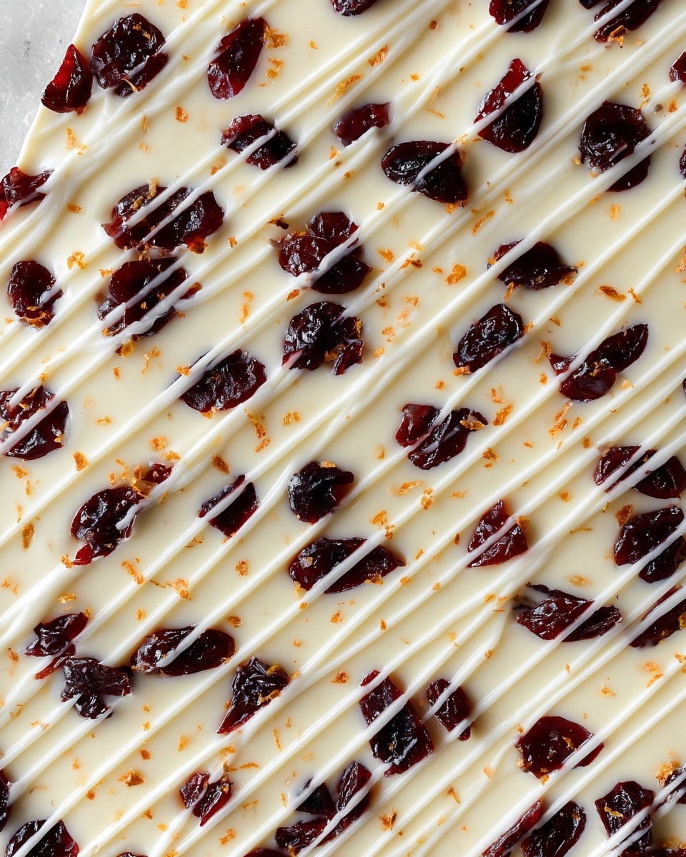 The image shows a single-layer flat white surface covered in a smooth layer of creamy white chocolate. Scattered evenly across this surface are pieces of dark red dried cranberries, adding a textured contrast with their wrinkled appearance. Light orange zest is sprinkled lightly over, providing small specks of bright color. Thin white chocolate lines are drizzled diagonally across the top, creating a delicate pattern of thin stripes that add depth and visual interest. The whole setup is placed on a white marbled surface photo taken with an iphone --ar 4:5 --v 7