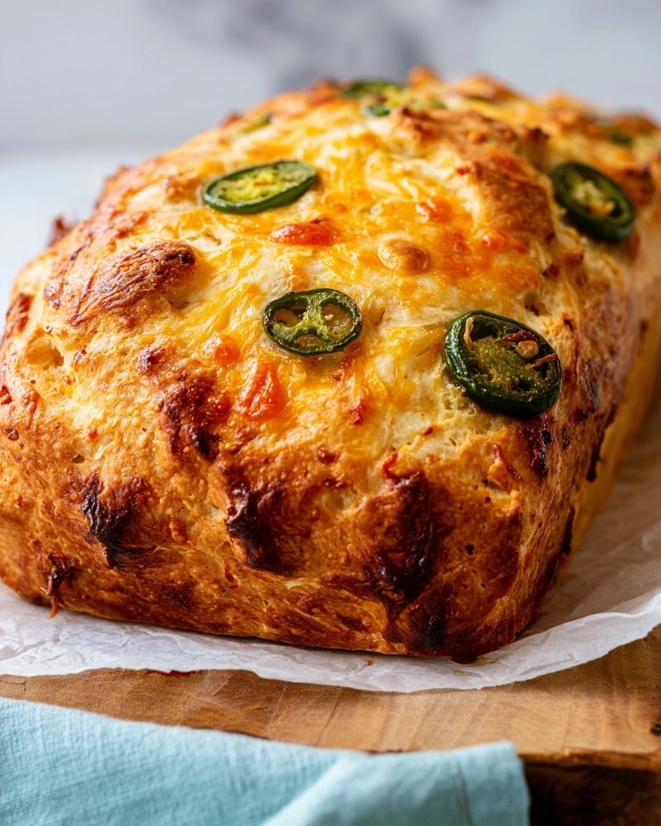 The image shows a close-up of a golden brown baked bread with a slightly crispy texture. On the surface, there are visible melted cheese patches with orange and light brown colors, and several green slices of jalapeño peppers scattered on top. The bread is resting on white parchment paper over a wooden board, with a light blue cloth on the side, all set on a white marbled surface. The crust looks bubbly and slightly oily, showing a well-baked finish. photo taken with an iphone --ar 4:5 --v 7