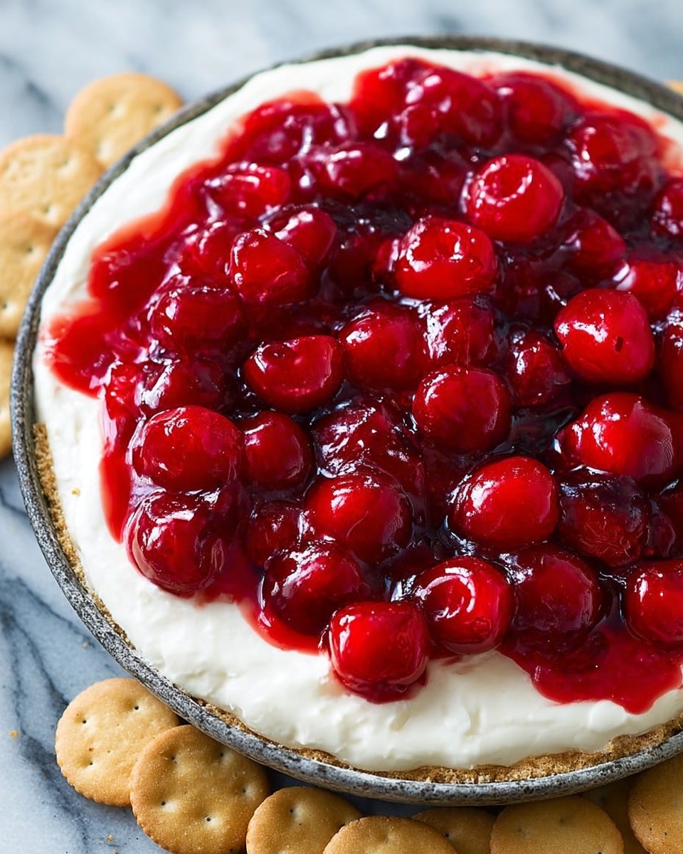 The dish shows two main layers in a round metal pan — the bottom layer is a thick, creamy white base with a smooth texture, and the top layer is a glossy, bright red cherry topping, filled with whole cherries in a shiny jelly-like sauce. The sides of the pan are slightly visible with a rustic look, and some light brown crackers are placed around the pan on a white marbled surface. The cherries look fresh and wet, covering the cream almost evenly. Photo taken with an iphone --ar 4:5 --v 7