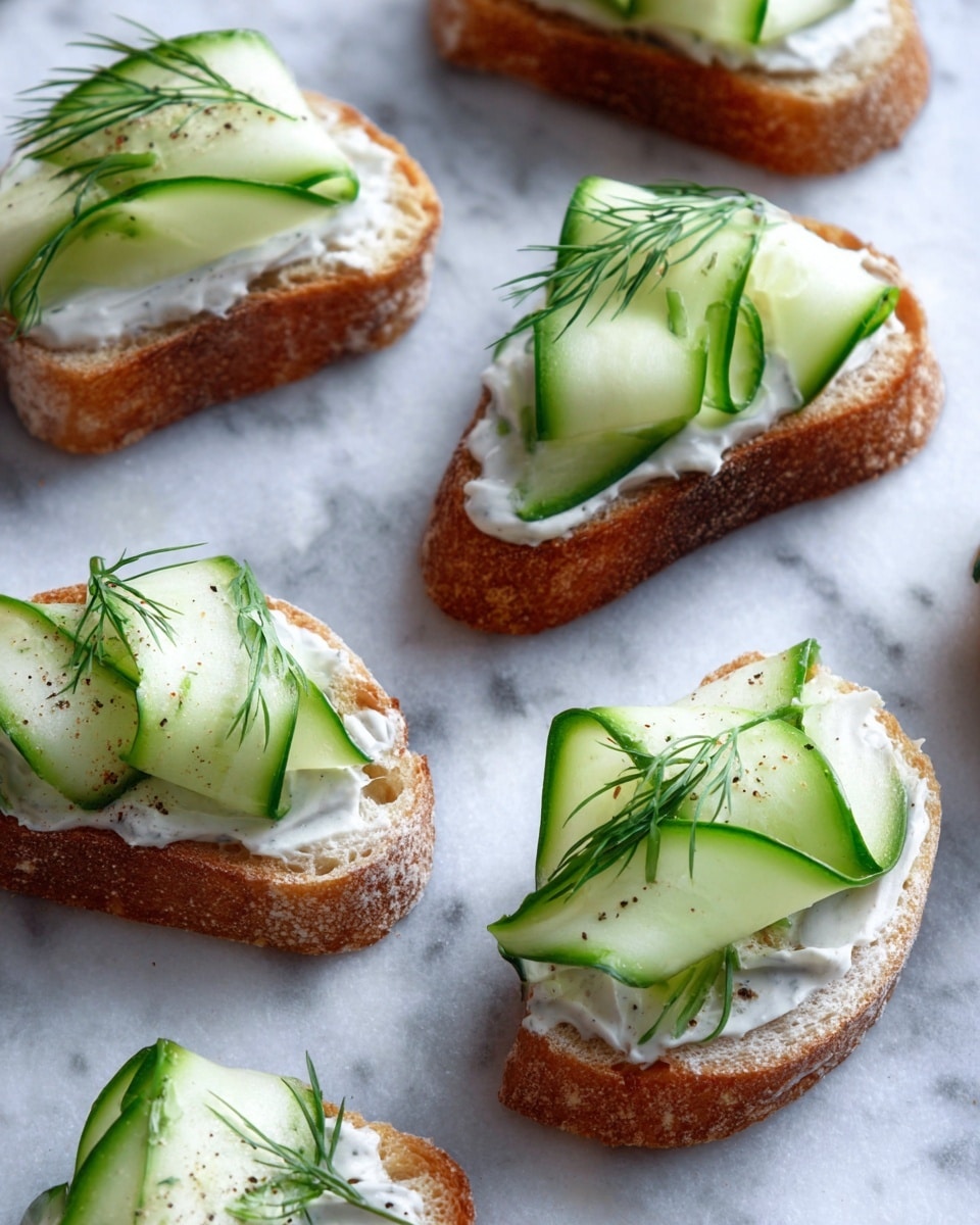 Small white bread slices with a crispy brown crust form the base layer, topped with a thick spread of creamy light grey-white mixture. On top of the spread, wide, thin ribbons of pale green cucumber with dark green edges curl gently. Each piece is finished with small sprigs of fresh green dill resting on and around the cucumber ribbons. All pieces are arranged on a white marbled textured surface. photo taken with an iphone --ar 4:5 --v 7