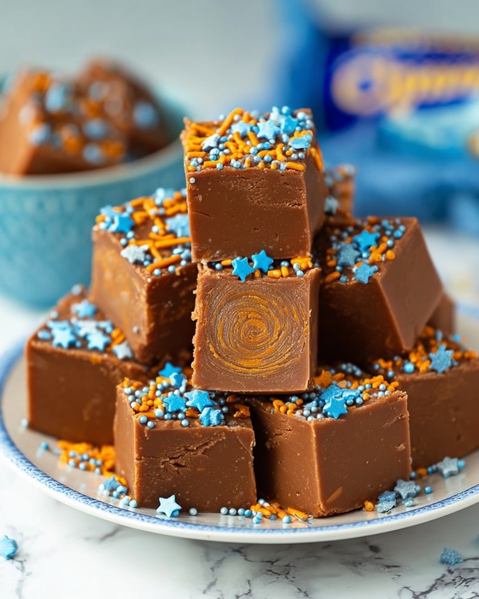A pile of smooth, rich brown fudge squares is stacked on a white plate with a blue rim, placed on a white marbled surface. Each fudge piece is thick and dense with clean edges, and many are decorated on top with tiny blue, orange, and silver round sprinkles, orange sprinkles shaped like sticks, and small star-shaped blue sprinkles, adding a colorful and festive touch. One fudge piece shows a pattern with a darker swirl on top, adding texture contrast. The overall look is cozy and inviting with bright and warm colors. photo taken with an iphone --ar 4:5 --v 7