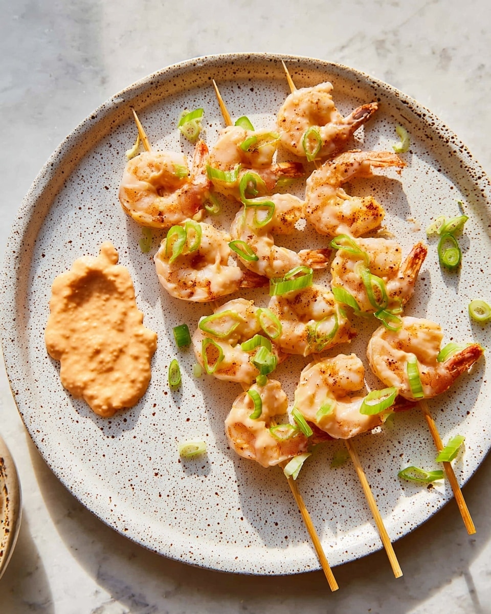 A white speckled plate holds four wooden skewers, each with about four cooked shrimp coated in a creamy light orange sauce. The shrimp are pinkish with light browning at some edges, and they are scattered with thin slices of bright green scallions. On the left side of the plate, there is a dollop of the same creamy orange sauce, smooth in texture. The scene is set on a white marbled surface with natural light highlighting the glossy shrimp and sauce. Photo taken with an iphone --ar 4:5 --v 7