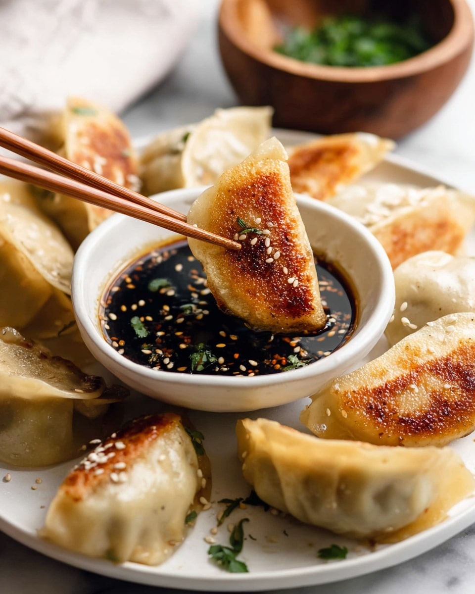 A white plate holds several pan-fried dumplings arranged around a small white bowl filled with dark soy dipping sauce sprinkled with sesame seeds. One golden-brown dumpling with a crispy, slightly oily texture is held by wooden chopsticks just above the bowl, showing its browned side covered with white sesame seeds. The dumplings vary in color from soft light beige to golden-brown with a shiny, smooth surface. In the blurred background, there is a wooden bowl containing green chopped herbs. All is set on a white marbled surface. photo taken with an iphone --ar 4:5 --v 7