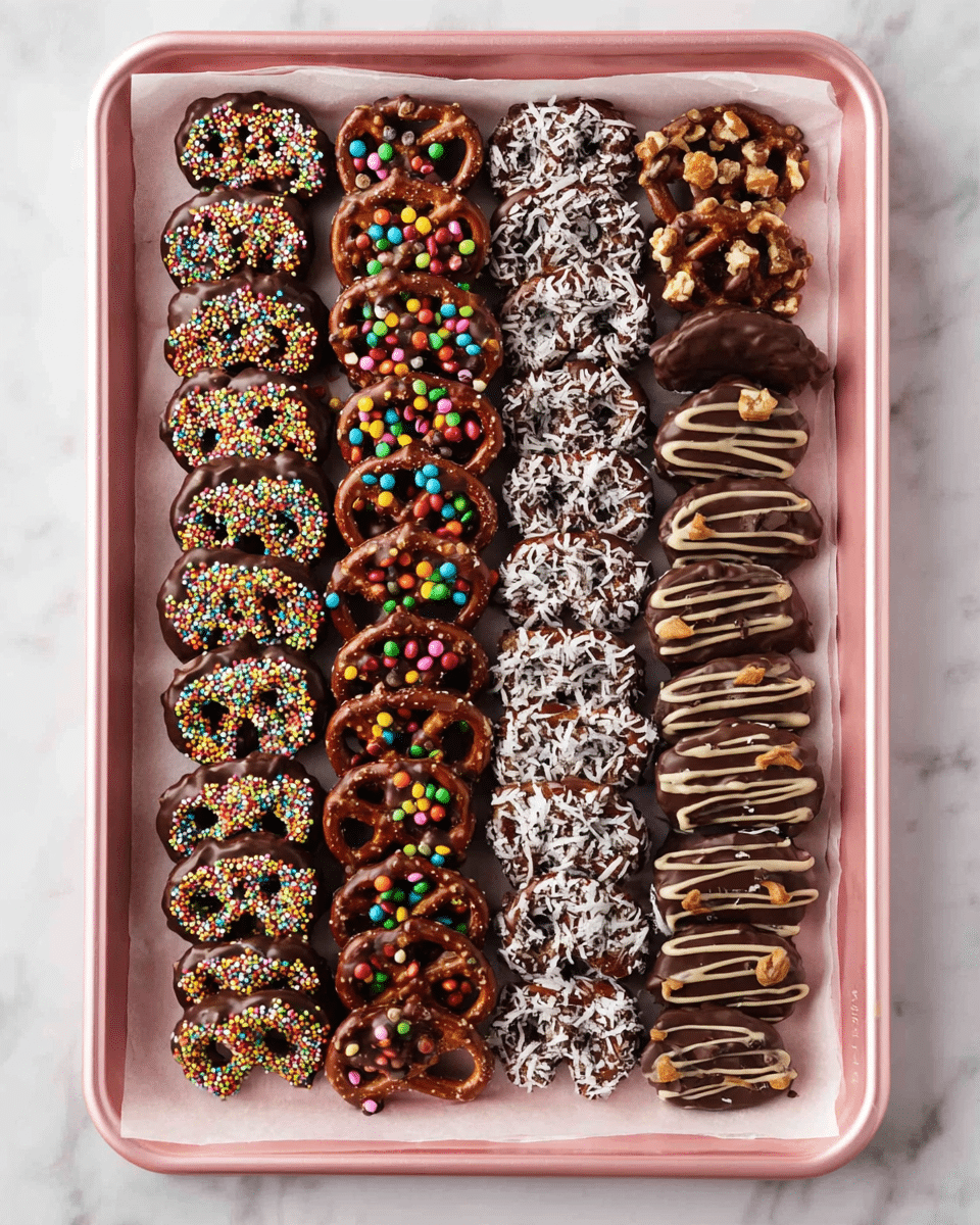 A pink baking tray filled with seven rows of small, chocolate-covered pretzels, each row showcasing a different topping style. The first column pretzels are dipped in dark chocolate and covered with colorful round sprinkles, showing a shiny and smooth texture. The second column features pretzels coated in dark chocolate with chopped nuts that give a rough and crunchy look. In the third column, pretzels have a thick dark chocolate layer topped with white shredded coconut in a fluffy pattern. The fourth column pretzels are covered with dark chocolate and small colorful candy-coated chocolates evenly spread. The fifth column has pretzels with a thick layer of chocolate and a dollop of chocolate peanut butter on top, adding a creamy, uneven texture. The sixth column shows pretzels covered in chocolate and sprinkled with crushed nuts, having a grainy texture. The final column has pretzels drizzled with white chocolate in a zigzag pattern, creating a smooth, wavy line effect. All pretzels lie on white parchment paper inside the tray, set on a white marbled surface. Photo taken with an iphone --ar 4:5 --v 7