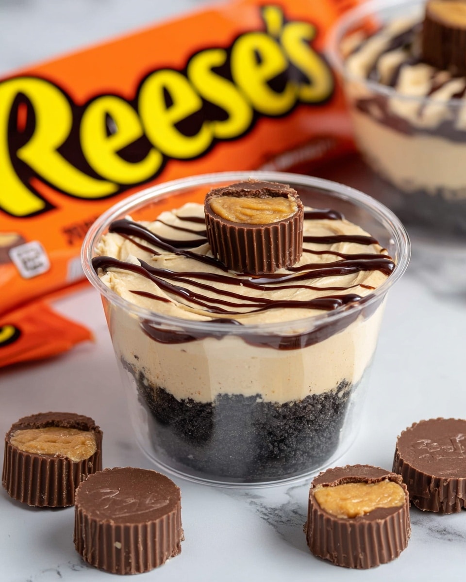 A small clear cup dessert with three layers is shown: the bottom layer is dark gray and crumbly like crushed cookies, the middle layer is light tan and creamy, and the top is decorated with dark chocolate syrup drizzled in curved lines and a small chocolate peanut butter cup placed on top. Around the cup are several more chocolate peanut butter cups and a Reese's orange wrapper with yellow and black lettering in the background, all set on a white marbled surface photo taken with an iphone --ar 4:5 --v 7
