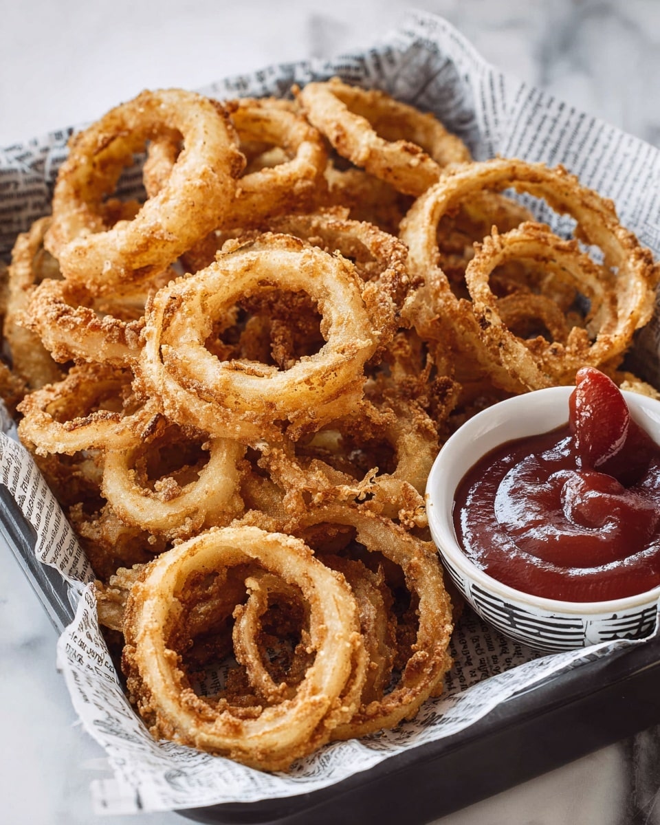 A white plate lined with a white paper towel is filled with a large pile of golden brown, crispy fried onion rings. The onion rings vary in size, each with a crunchy, textured coating that shows different shades of golden to deeper brown. The plate sits on a white marbled surface, and small crumbs and bits of fried coating are scattered around the edges, emphasizing their crispiness. photo taken with an iphone --ar 4:5 --v 7