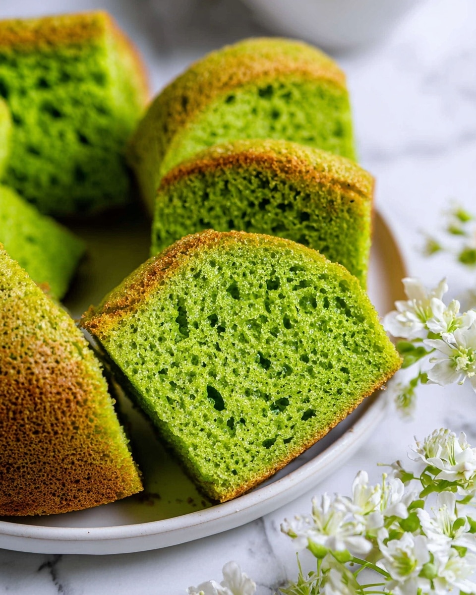 The image shows several pieces of vibrant green sponge cake with a porous, moist texture inside and a light brown, slightly crispy outer layer. The cake slices are arranged close together on a white plate, placed on a white marbled surface. In the foreground, there are delicate white flowers with green stems adding a fresh, natural touch to the scene. The photo is bright and detailed, focusing on the airy texture of the cake. photo taken with an iphone --ar 4:5 --v 7