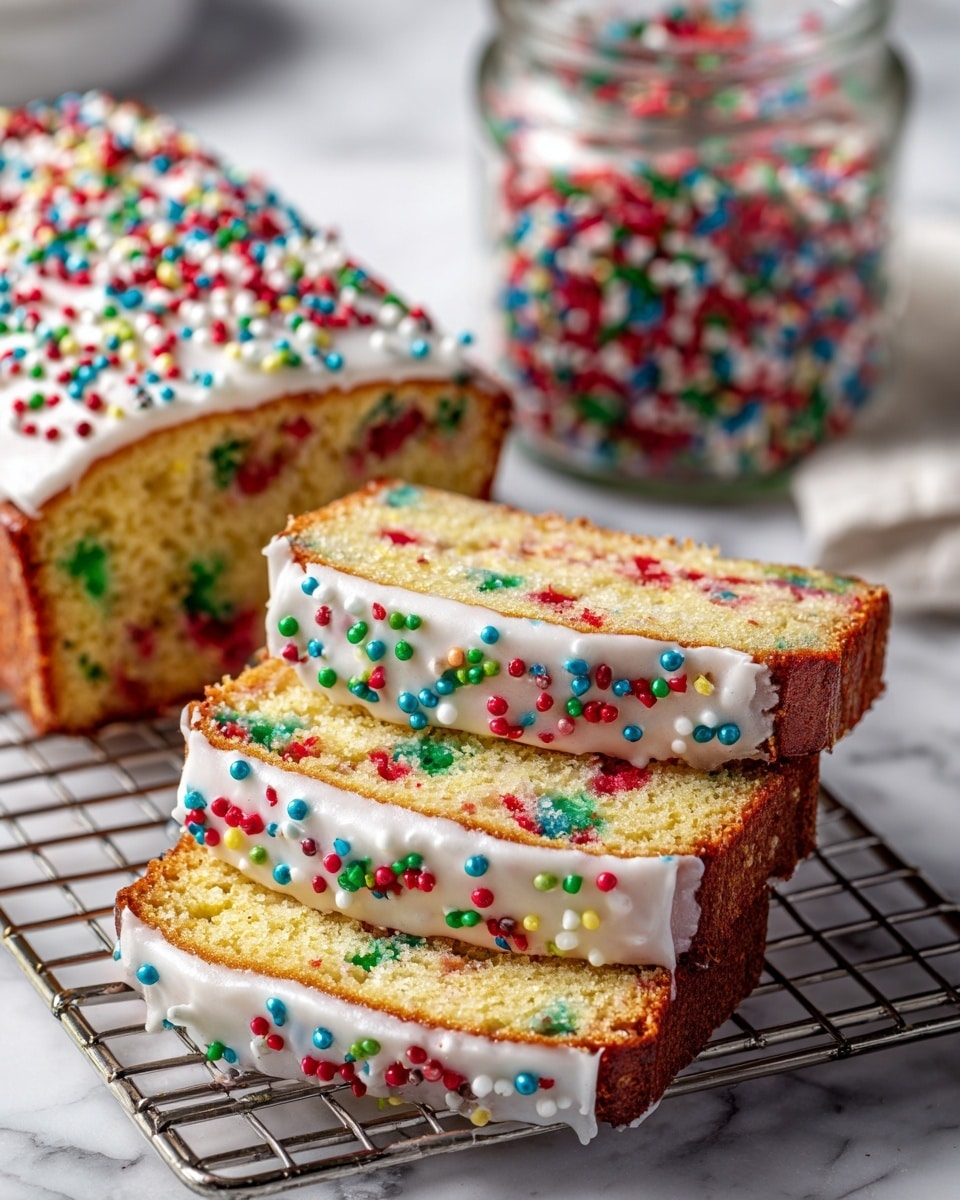 A stack of four thick rectangular bars with a golden-brown top covered in colorful sprinkles in red, blue, yellow, white, pink, and green sits on a small metal cooling rack. Each bar shows a soft, dense texture with sprinkles embedded throughout the light brown interior. To the left is a small glass jar filled halfway with the same colorful sprinkles, and to the right is a white bottle partially visible. The scene is set on a white marbled surface with some scattered sprinkles around the bars. photo taken with an iphone --ar 4:5 --v 7