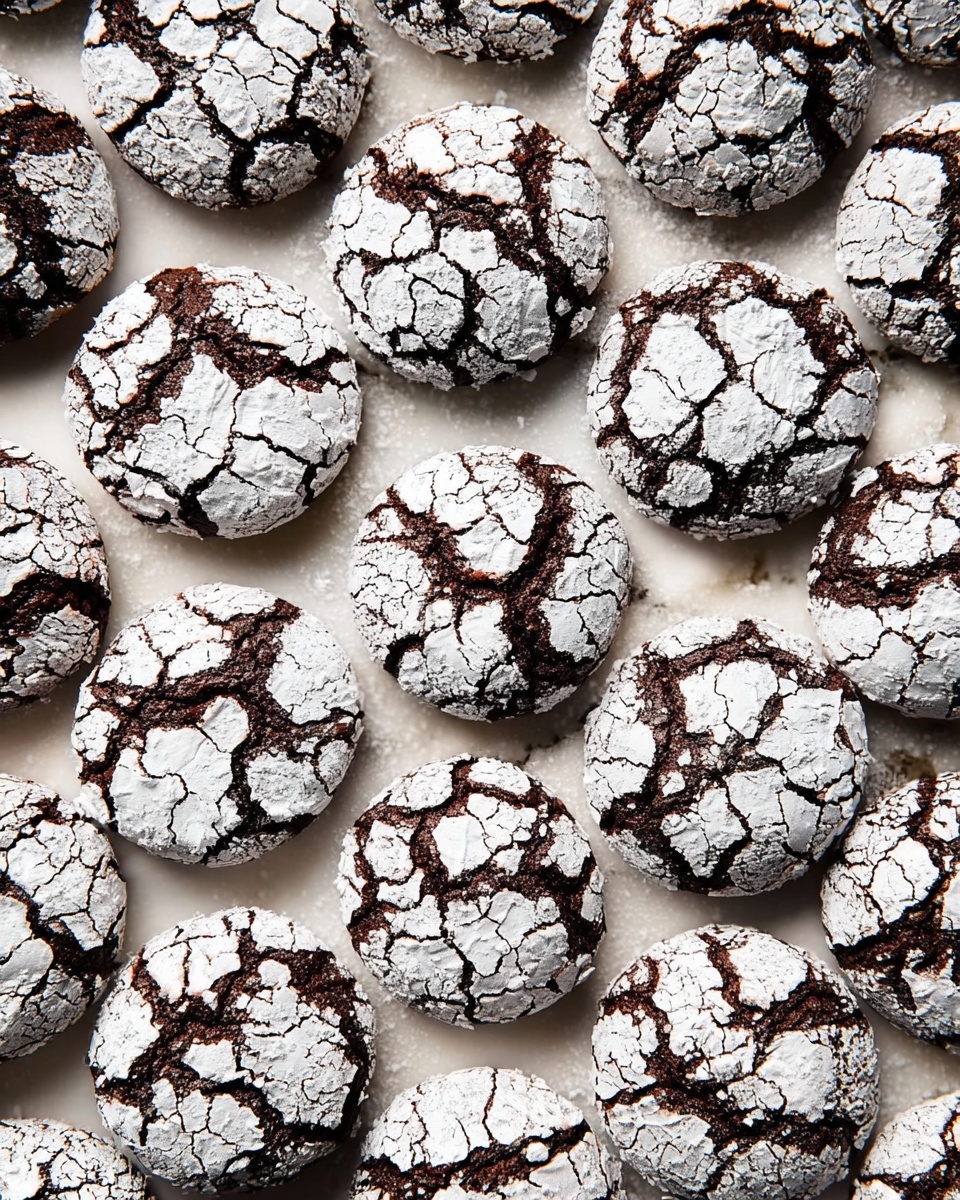 The image shows many round chocolate crinkle cookies arranged close to each other on a white marbled texture. Each cookie has a rough surface with a deep dark brown color under a cracked white powdered sugar layer that spreads unevenly on top. The cracked sugar reveals the rich chocolate dough beneath, creating a strong contrast between the dark brown and white patches. The cookies are similar in size and shape, giving a neat yet natural look. photo taken with an iphone --ar 4:5 --v 7