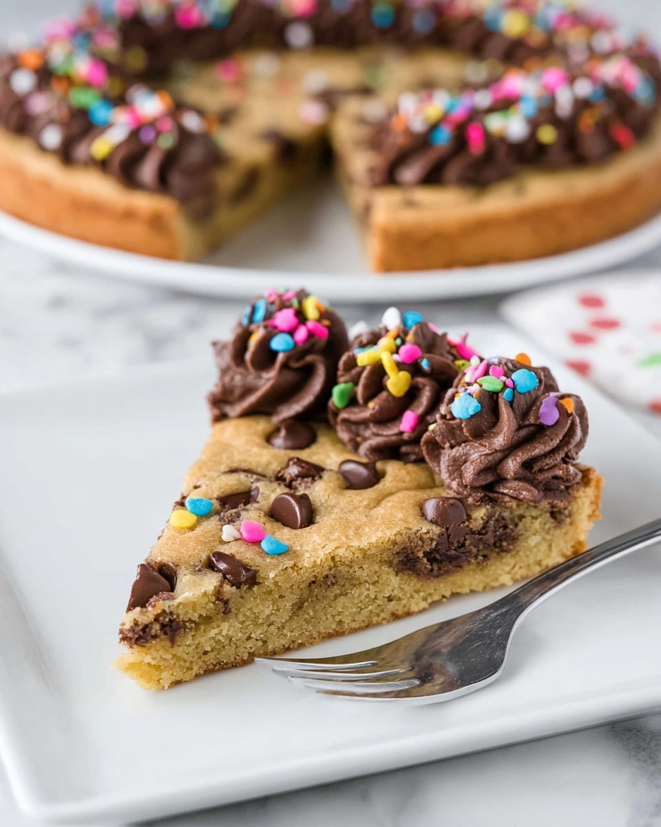 A slice of chocolate chip cookie cake sits on a white square plate with a silver fork to the right. The cookie base is golden brown, soft, and thick with visible chocolate chips inside and on top. Around the edge of the cookie slice is a thick layer of dark chocolate frosting with a swirled texture, decorated with small colorful round and rod sprinkles in pink, yellow, green, blue, and purple. In the background, the rest of the cookie cake is visible, also topped with the same chocolate frosting and sprinkles, all placed on a white plate on a white marbled surface. photo taken with an iphone --ar 4:5 --v 7