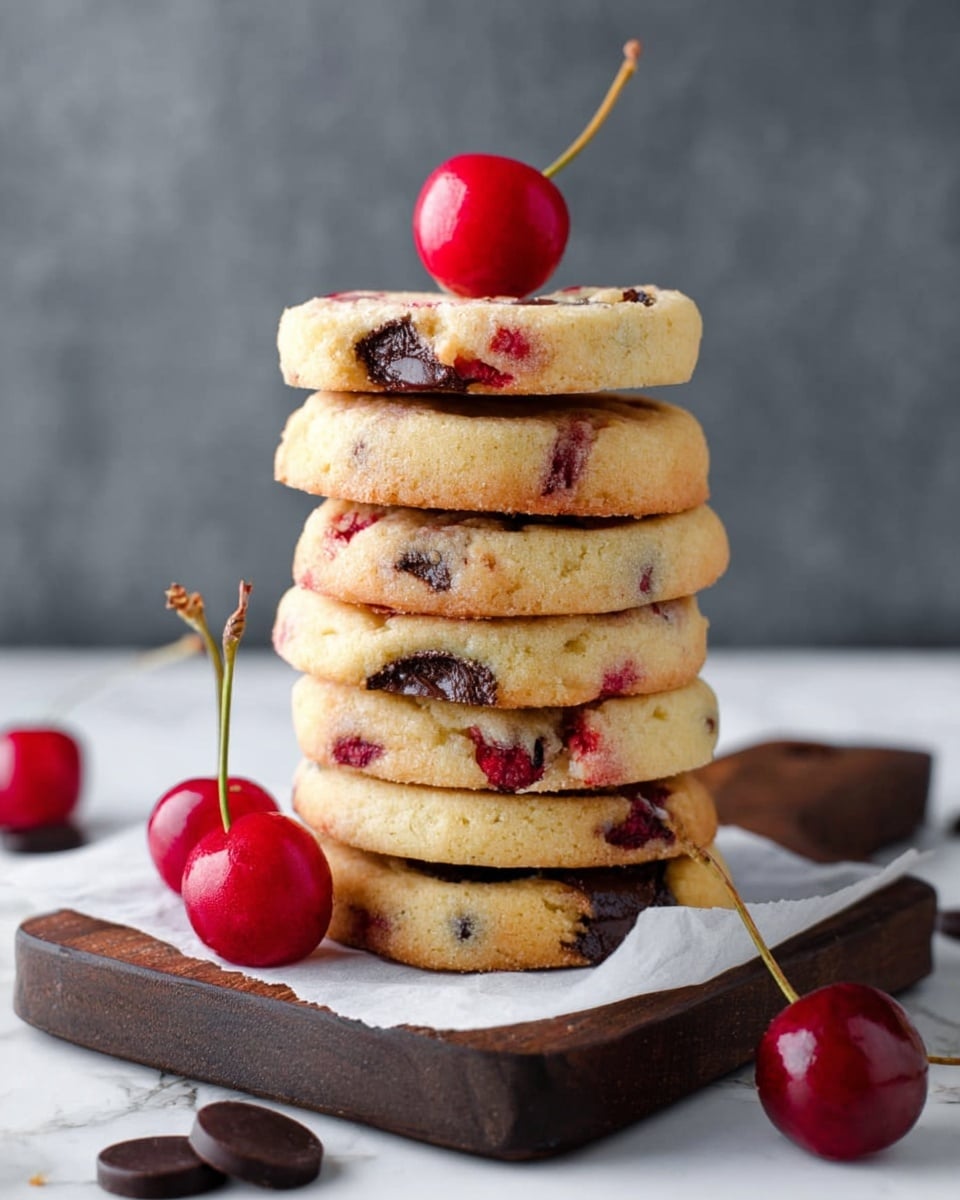 A close-up image of sliced cookie dough showing its soft texture and colorful ingredients, with visible chunks of dark chocolate and bright red cherries scattered inside each round slice. The cookie dough slices are stacked slightly overlapping on a white marbled surface, with a few whole dark chocolate pieces and red cherries placed around for decoration. In the foreground, a woman's hand holds two separated pieces of the dough, revealing the inside with a creamy, slightly crumbly texture and mixed red and dark chocolate bits. The background is softly blurred, focusing on the dough and the hand. Photo taken with an iphone --ar 4:5 --v 7