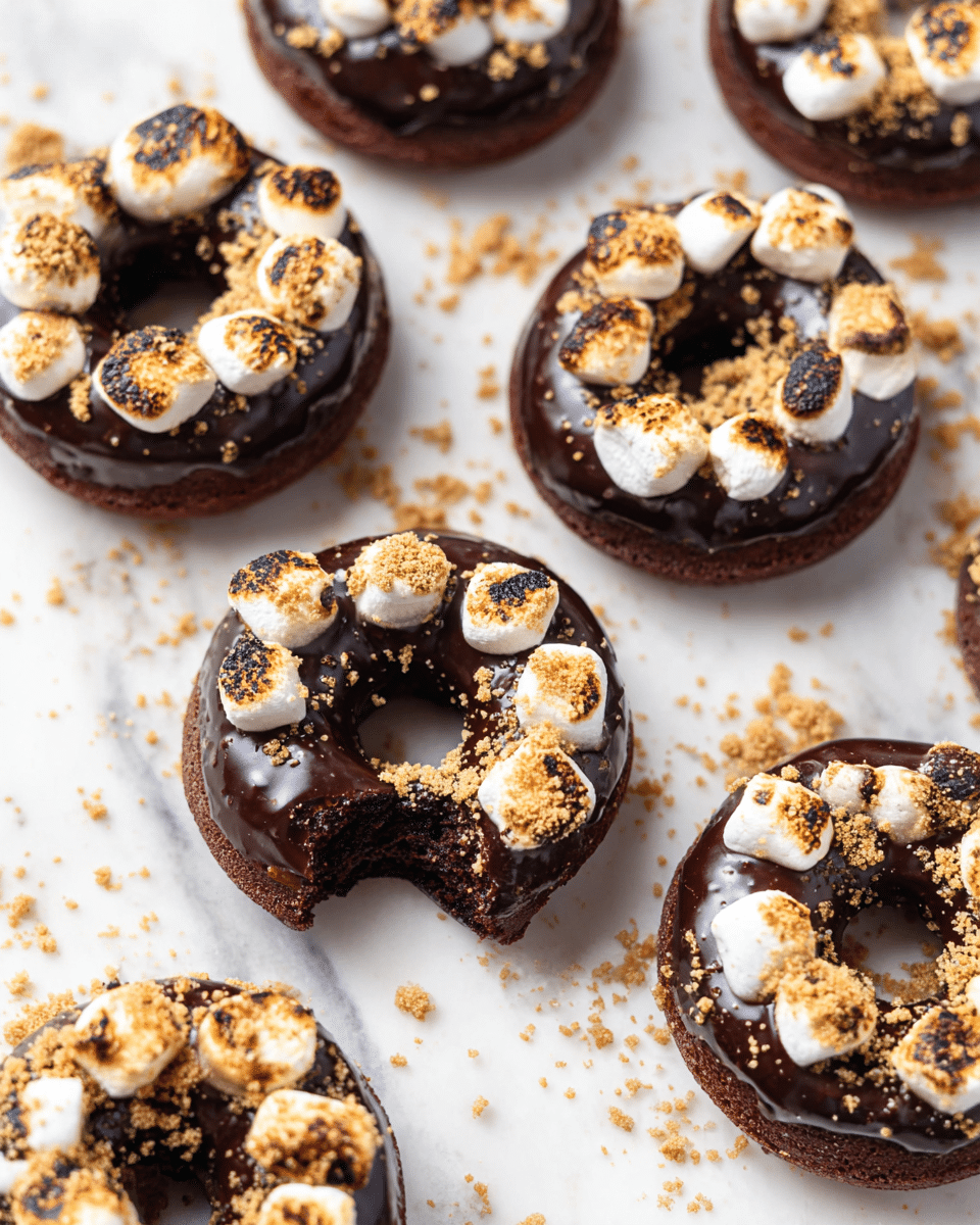 The image shows several chocolate donuts arranged on a white marbled surface, each donut covered with a shiny dark chocolate glaze as the first layer. On top of the glaze, there is a sprinkling of light brown crushed graham cracker crumbs spread unevenly around the upper half of each donut. The final layer is clusters of toasted mini marshmallows on one side of each donut, with a golden-brown charred texture from toasting. One donut in the center is missing a bite, revealing a moist, dark brown chocolate cake interior. Photo taken with an iphone --ar 4:5 --v 7