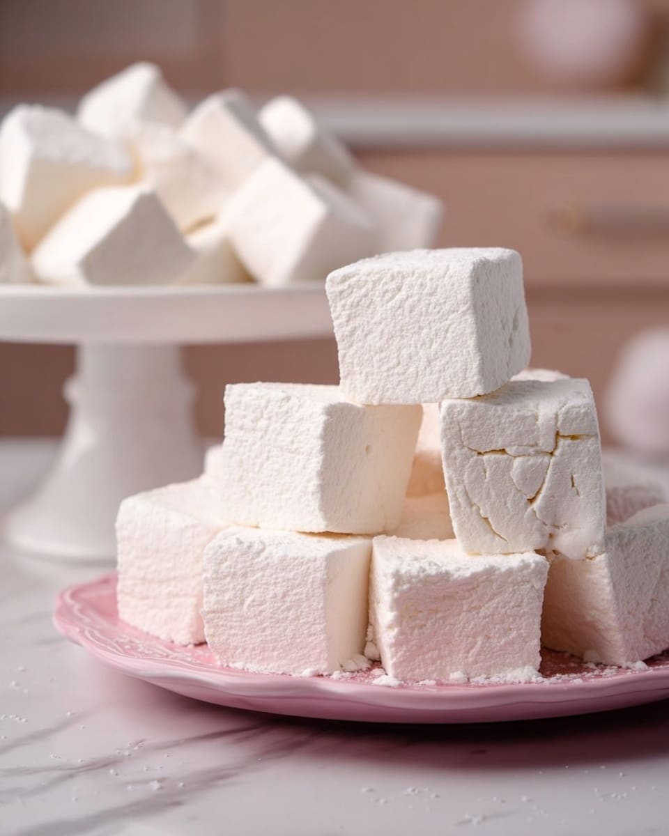 A pile of white, soft marshmallows shaped in cubes is stacked in several layers on a white plate with a pink base, with some marshmallows cracked slightly on the edges showing their fluffy texture. In the background, another white plate with more marshmallows is visible on a white marbled surface, and the whole scene is softly lit with a warm tone. photo taken with an iphone --ar 4:5 --v 7