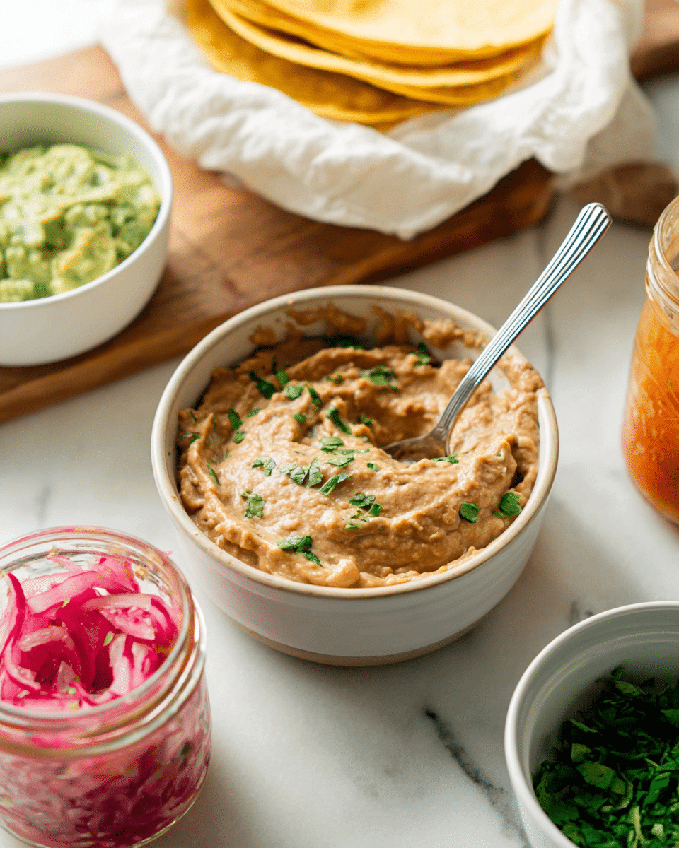 A white bowl filled with smooth brown refried beans, garnished with chopped green cilantro leaves on top, has a silver spoon inside it resting on the left side. Above the bowl, there is a small white fluted dish with more chopped green cilantro leaves. To the right, part of a white bowl with creamy bright green guacamole is visible, showing a textured surface. In the upper left corner, stacked round yellow corn tortillas lie on a white cloth. On the left side, there is a small wooden bowl with three lime wedges. Everything is placed on a light brown cutting board sitting on a white marbled surface. photo taken with an iphone --ar 4:5 --v 7