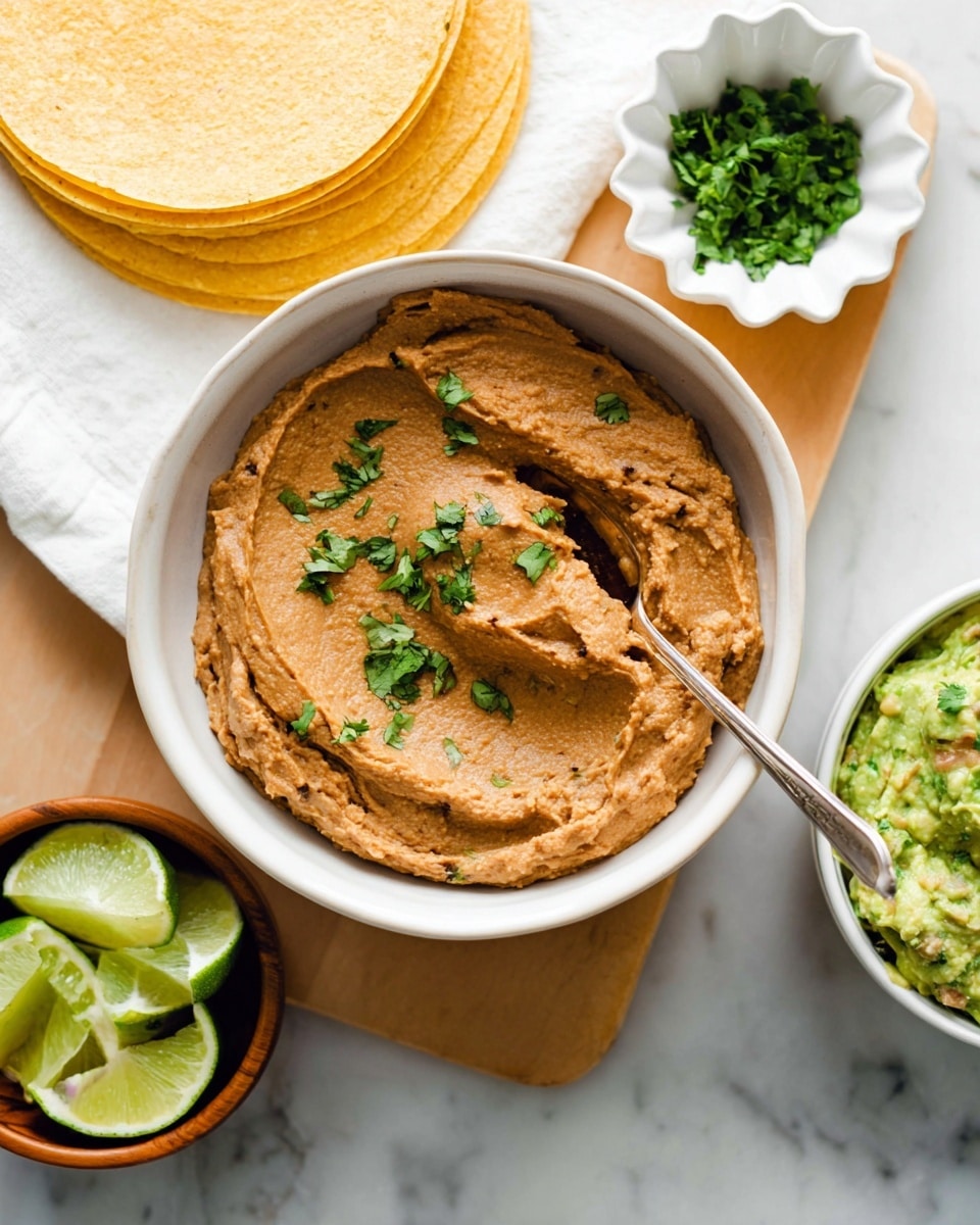 The image shows a white bowl filled with creamy light brown refried beans sprinkled with chopped green herbs on top, with a silver spoon resting inside the bowl. Next to it, there is a white bowl filled with smooth, pale green guacamole, a jar containing bright pink pickled onions and orange liquid, and a white bowl with fresh green chopped herbs. In the background, there are some yellow corn tortillas partially wrapped in a white cloth. All items are placed on a white marbled surface with a wooden board below some of the bowls, creating a fresh and inviting food setup. Photo taken with an iphone --ar 4:5 --v 7