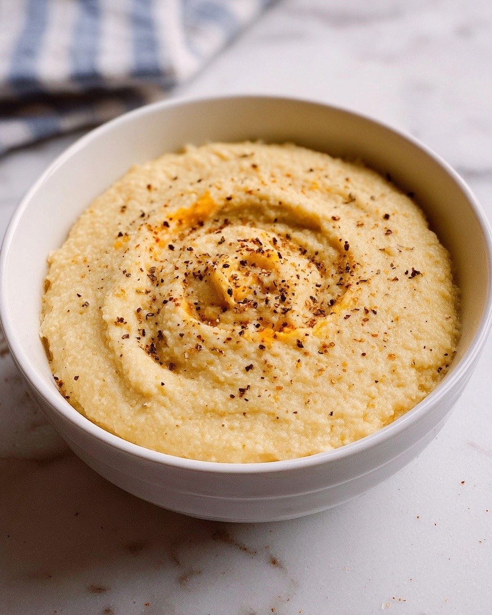 A white bowl is filled with one thick layer of creamy, pale yellow porridge topped with a small swirl of the same porridge and lightly sprinkled with black pepper flakes. The texture appears smooth but slightly grainy, with a few small lumps. The bowl sits on a white marbled surface with some soft shadows around it. Photo taken with an iphone --ar 4:5 --v 7