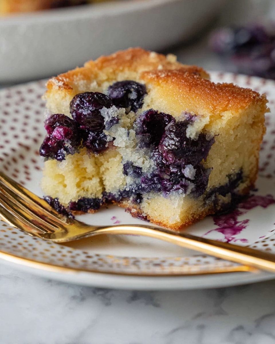 A close-up of a half-eaten square piece of blueberry cake on a white plate with small brown dots and a gold rim. The cake has two layers: a golden brown top layer with a slightly crisp texture, and a second layer filled with plump, dark purple blueberries embedded in a soft, moist, light yellow crumb. The cake is partially broken, showing the juicy berries and moist inside, with some blueberry juice smudges on the plate near a gold fork resting on the plate's edge. The background is a white marbled texture. Photo taken with an iphone --ar 4:5 --v 7