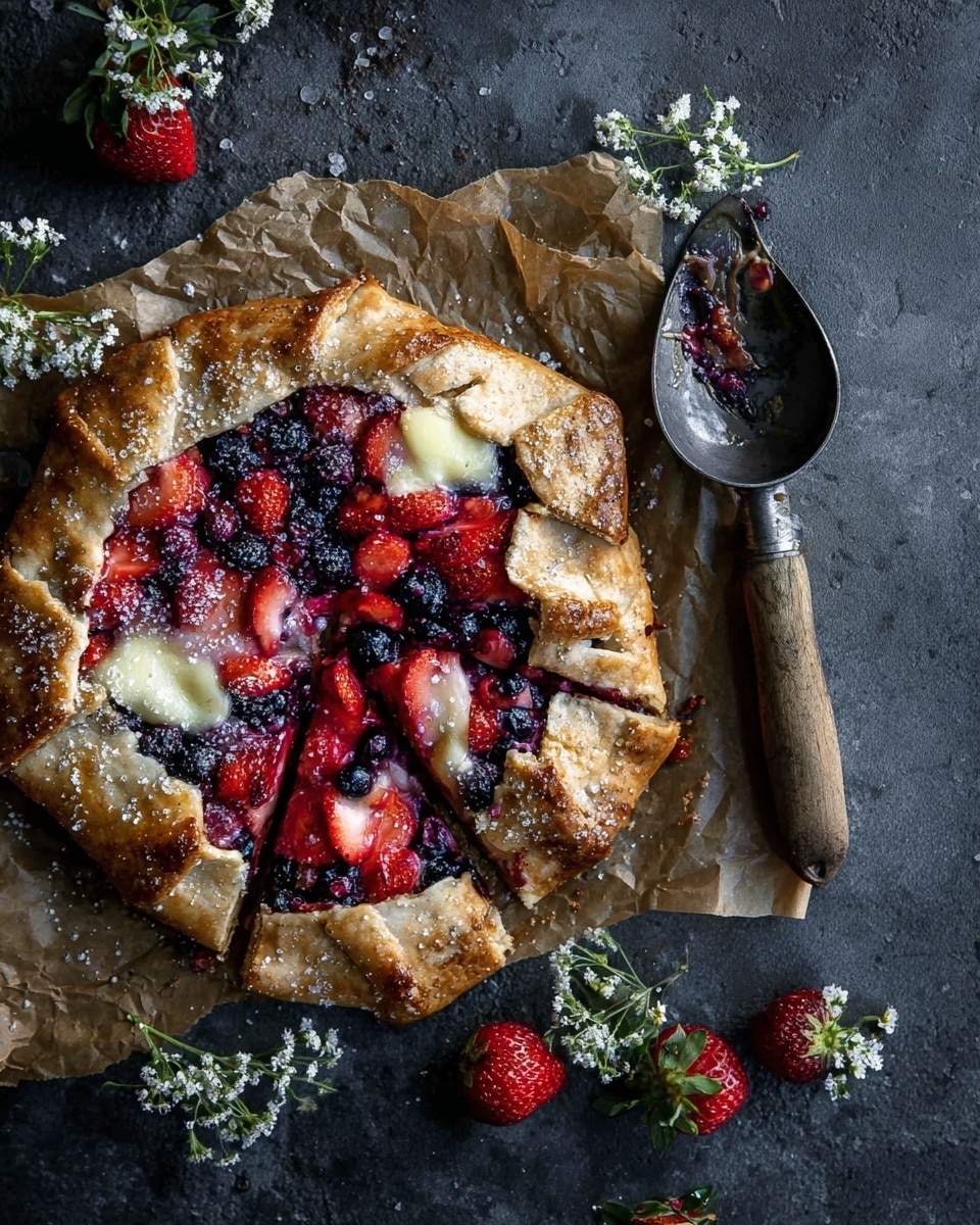 A round rustic galette with a golden-brown, flaky crust folded up around the edges, sprinkled with coarse sugar. Inside, there are layers of vibrant red strawberries and deep blue blueberries, with patches of melted pale yellow cheese spread unevenly on top. The galette is placed on crumpled brown parchment paper on a dark textured surface, surrounded by scattered small white flowers and fresh strawberries with green leaves. A vintage metal ice cream scoop with a wooden handle lies beside the galette, also decorated with small white flowers. photo taken with an iphone --ar 4:5 --v 7