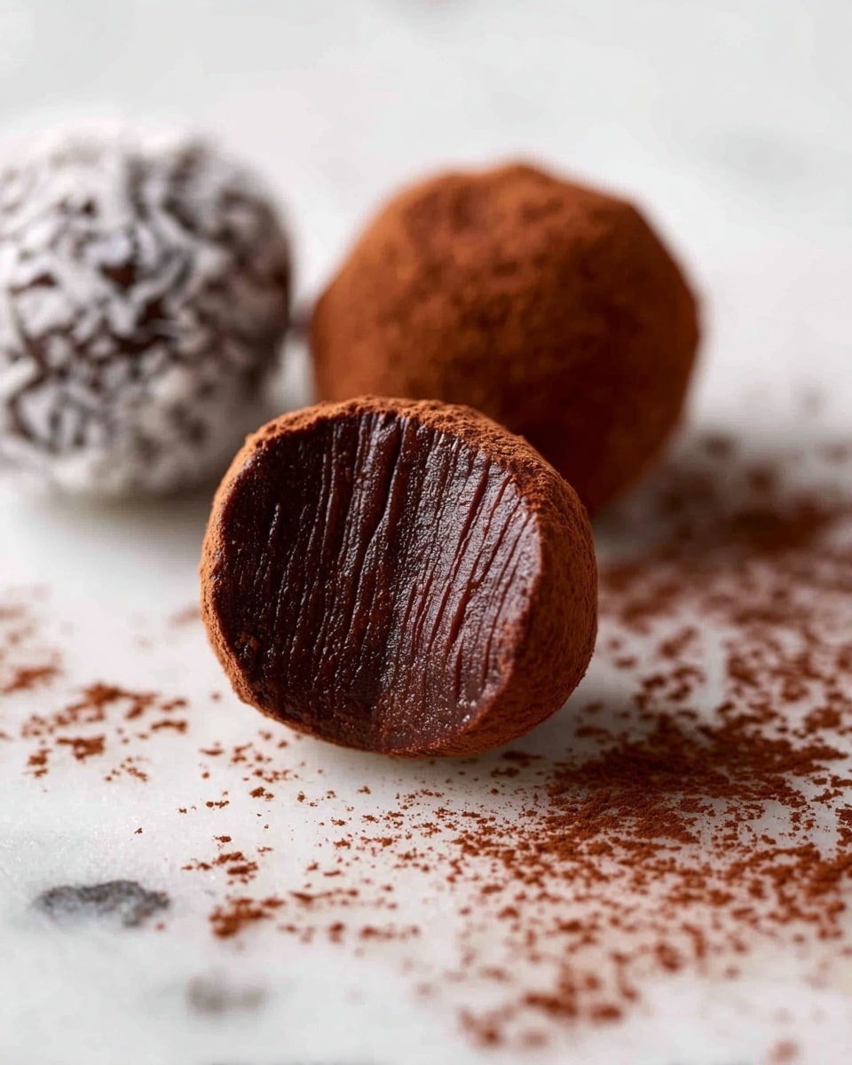The image shows three round chocolate truffles on a white marbled surface. The closest truffle is bitten, showing a smooth, dark brown inside with a soft texture and tiny ridges from the bite. The outer layer is a slightly lighter brown dusted with cocoa powder. Behind it, one truffle is covered in white coconut flakes, giving a rough texture, while the other truffle is fully coated in cocoa powder with a smooth surface. There is some loose cocoa powder scattered around the truffles on the white marbled surface. photo taken with an iphone --ar 4:5 --v 7