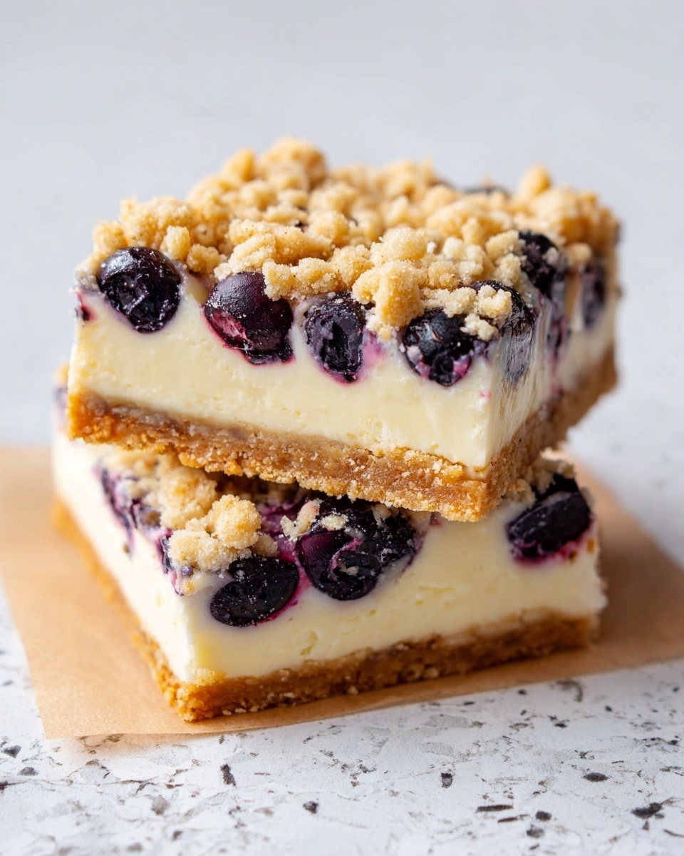 The image shows two layered dessert squares stacked on each other on a white marbled surface. The bottom layer is a thin, golden-brown crumbly crust. Above it is a thick, creamy white layer filled with whole dark purple blueberries scattered throughout. The top layer is a crumbly golden streusel with a rough texture. The dessert pieces have clean edges, and the colors contrast well with the white background. photo taken with an iphone --ar 4:5 --v 7