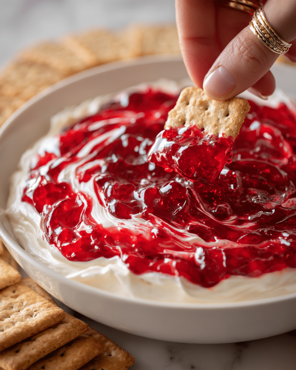 A white round plate holds a creamy white layer of thick, smooth dip spread evenly. On top, there is a bright red, glossy layer of jam that looks slightly mixed into the white dip, creating swirled patches of red and white. One rectangular graham cracker is placed sticking into the dip from the right side of the plate, partially covered with the jam layer. To the left of the plate, more rectangular graham crackers are stacked and spread out on a white marbled surface. The photo is taken from above. photo taken with an iphone --ar 4:5 --v 7