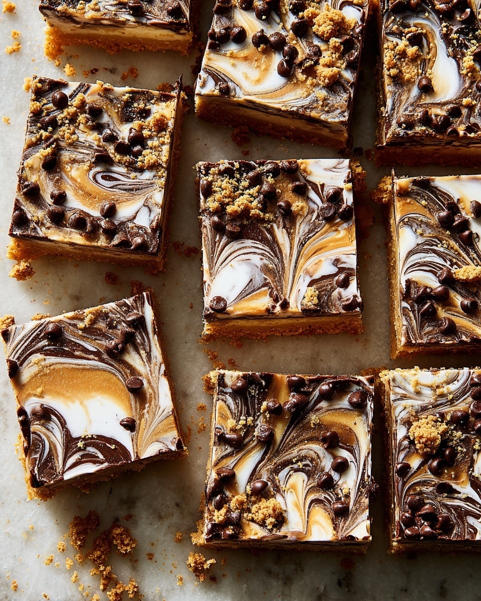 This image shows a group of square dessert bars arranged closely on a white marbled textured surface. Each bar has three visible layers: a light golden brown crust at the bottom, a marbled top layer with swirls of white, dark brown, and caramel colors, and a topping of small chocolate chips and crushed cookie crumbs scattered over all. The swirled top layer looks smooth and glossy, creating a mix of flowing patterns. The bars have clean, straight cuts, and some crumbs are scattered around them on the surface. photo taken with an iphone --ar 4:5 --v 7