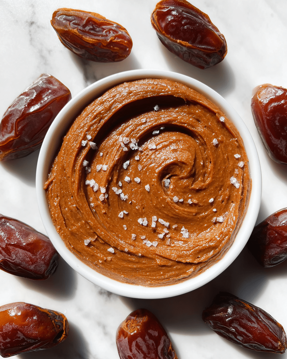 A white bowl filled with smooth, thick brown paste that has a slightly glossy texture and is sprinkled with coarse sea salt flakes on top. The paste is swirled in a circular pattern, giving it a creamy and rich look. Surrounding the bowl, there are whole glossy brown dates with wrinkled skins placed evenly on a white marbled surface. The lighting highlights the rich colors and textures of both the paste and the dates, creating a fresh and appetizing presentation. photo taken with an iphone --ar 4:5 --v 7