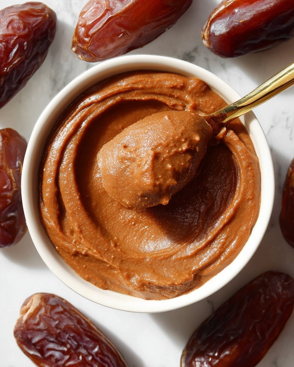 A close-up view of a white bowl filled with smooth, thick, brown date paste, showing a shiny, creamy texture with some small lumps. A gold spoon scoops a rounded dollop of the paste from the center, leaving swirled patterns inside the bowl. Around the bowl, several whole glossy brown dates with a slightly wrinkled texture are scattered on a white marbled surface, creating a natural, rustic look. The lighting is bright, highlighting the rich color of the paste and the glossy shine on the dates. photo taken with an iphone --ar 4:5 --v 7
