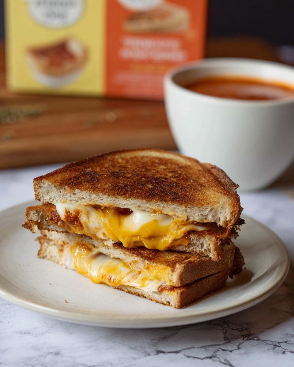 A grilled cheese sandwich cut in half and stacked on a white plate, with golden brown toasted bread on the outside and gooey melted yellow cheese oozing between two thick layers of bread; in the background, a white cup filled with a warm tomato soup is slightly blurred, sitting on a wooden surface with a box of tomato soup mix nearby, all set on a white marbled texture. photo taken with an iphone --ar 4:5 --v 7