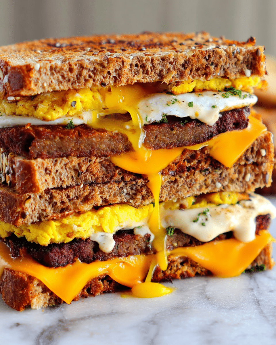 The image shows a thick sandwich stacked in two layers on a white marbled surface. The bottom layer has toasted multigrain bread with seeds on the crust, topped with a layer of melted bright orange cheddar cheese that slightly drips down the side, followed by a brown veggie burger patty and a runny fried egg with white sauce dolloped on top. The middle layer consists of another slice of the same toasted multigrain bread, holding a second brown veggie burger patty topped with melted cheddar cheese, a layer of yellow scrambled eggs, and a white creamy sauce with herbs. The sandwich is cut to reveal each layer's thick, textured, and colorful ingredients with the top piece of bread matching the rest. Photo taken with an iphone --ar 4:5 --v 7
