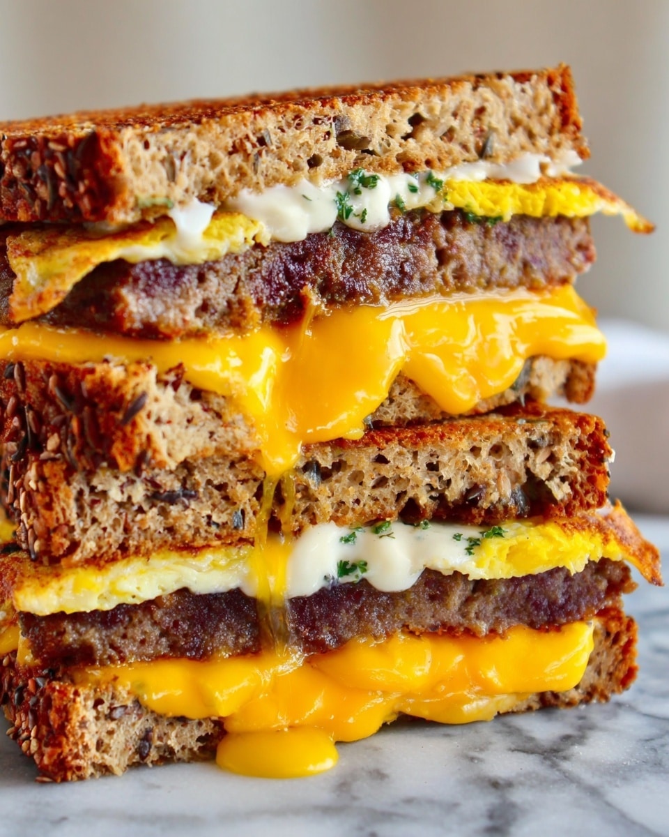 The image shows a close-up of a stacked sandwich with three visible slices of toasted multigrain bread with seeds, each slice light brown with a crunchy texture. Between the bottom and middle slice is a thick, dark brown patty layered with melted bright orange cheddar cheese that drips slightly over the edge. On top of this is a layer of cooked egg with a yellow yolk peeking through, partially covered by a creamy white sauce with green herbs. The middle and top slice of bread sit above another similar patty, topped by more melted cheddar, egg, and creamy sauce spreading unevenly. The sandwich is set against a white marbled surface. photo taken with an iphone --ar 4:5 --v 7