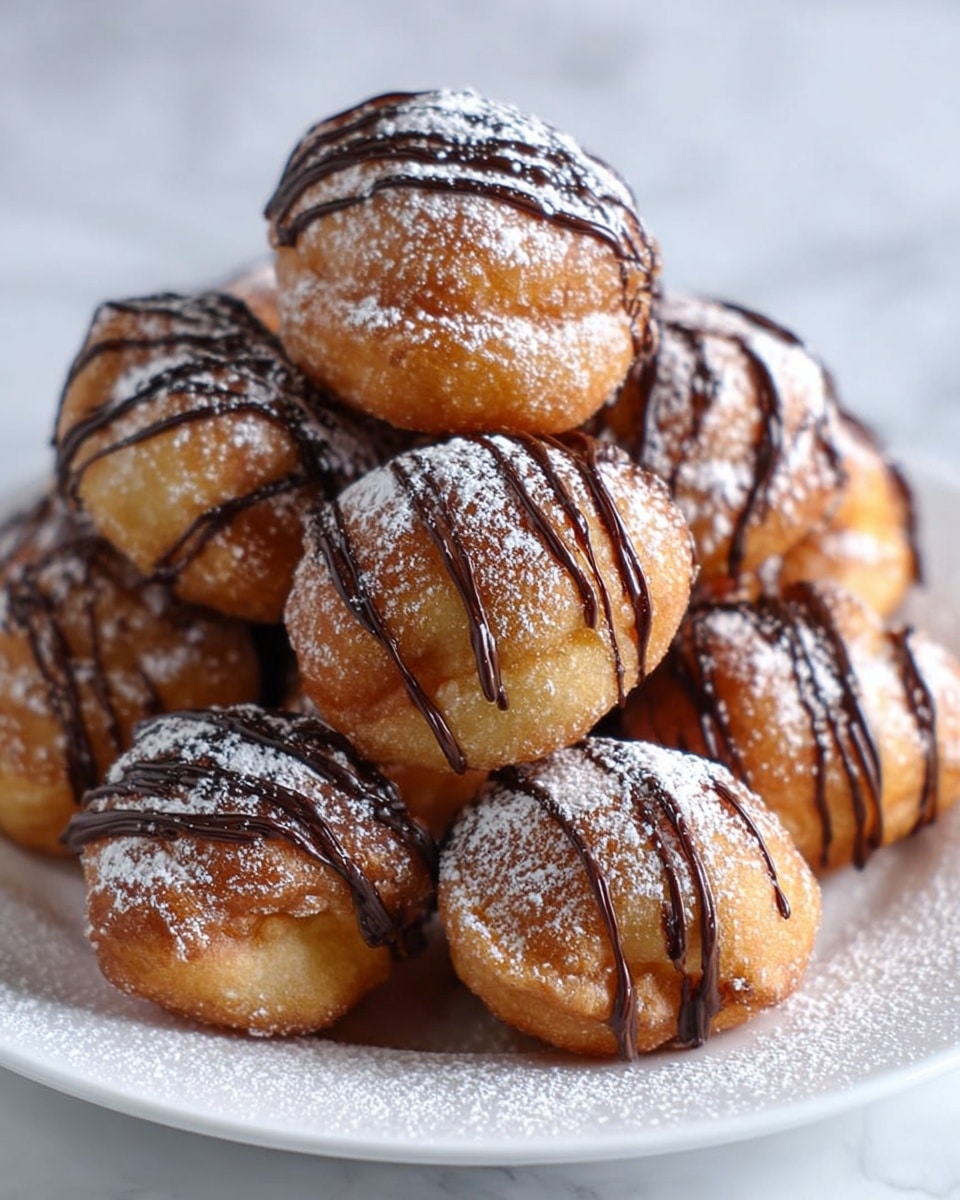 A group of round, golden-brown fried dough balls stacked on a white plate placed on a white marbled surface. Each dough ball has a slightly crispy texture with a soft inside, and they are drizzled with thin, dark chocolate lines that create a contrast in color and add a glossy look. A light dusting of white powdered sugar covers the dough balls, adding a fine, snowy texture on top and highlighting the round shapes. The photo is closely focused on the pile, showing the uneven, handmade look of the balls. photo taken with an iphone --ar 4:5 --v 7