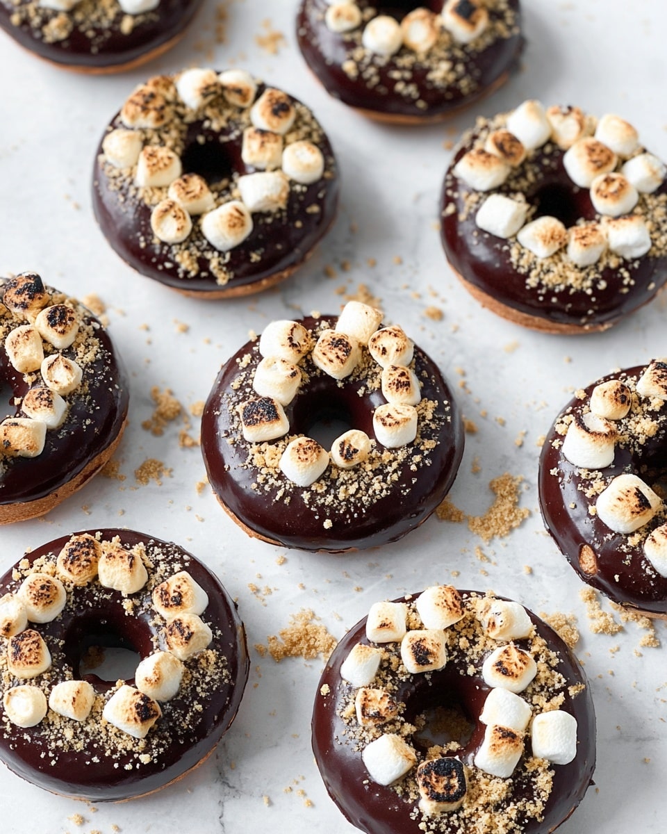 The image shows many chocolate-covered doughnuts arranged on a white marbled background. Each doughnut has a smooth, shiny dark chocolate glaze as the bottom layer, creating a glossy texture. On top, there is a light tan crumb sprinkle, unevenly spread over one side. The main decoration is toasted mini marshmallows clustered on part of the doughnut’s top, showing white and golden-brown colors with some darker toasting spots. The toastiness adds a slightly rough texture contrasting the smooth glaze. The doughnuts are spaced out evenly, giving a neat and tidy look. Photo taken with an iphone --ar 4:5 --v 7