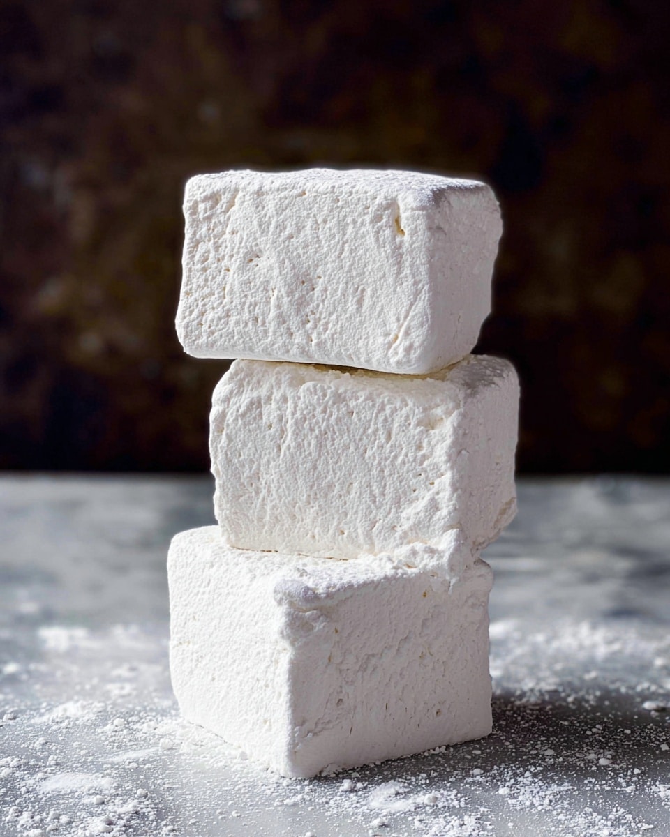 Three large, white marshmallows are stacked one on top of the other, each with a soft, powdery texture and slightly uneven edges. The marshmallows appear fluffy and spongy with small air pockets visible on their surface. They rest on a white marbled texture sprinkled lightly with white powdered sugar, creating a soft and delicate atmosphere in the image. The background is dark and blurred, which makes the white marshmallows stand out clearly. photo taken with an iphone --ar 4:5 --v 7