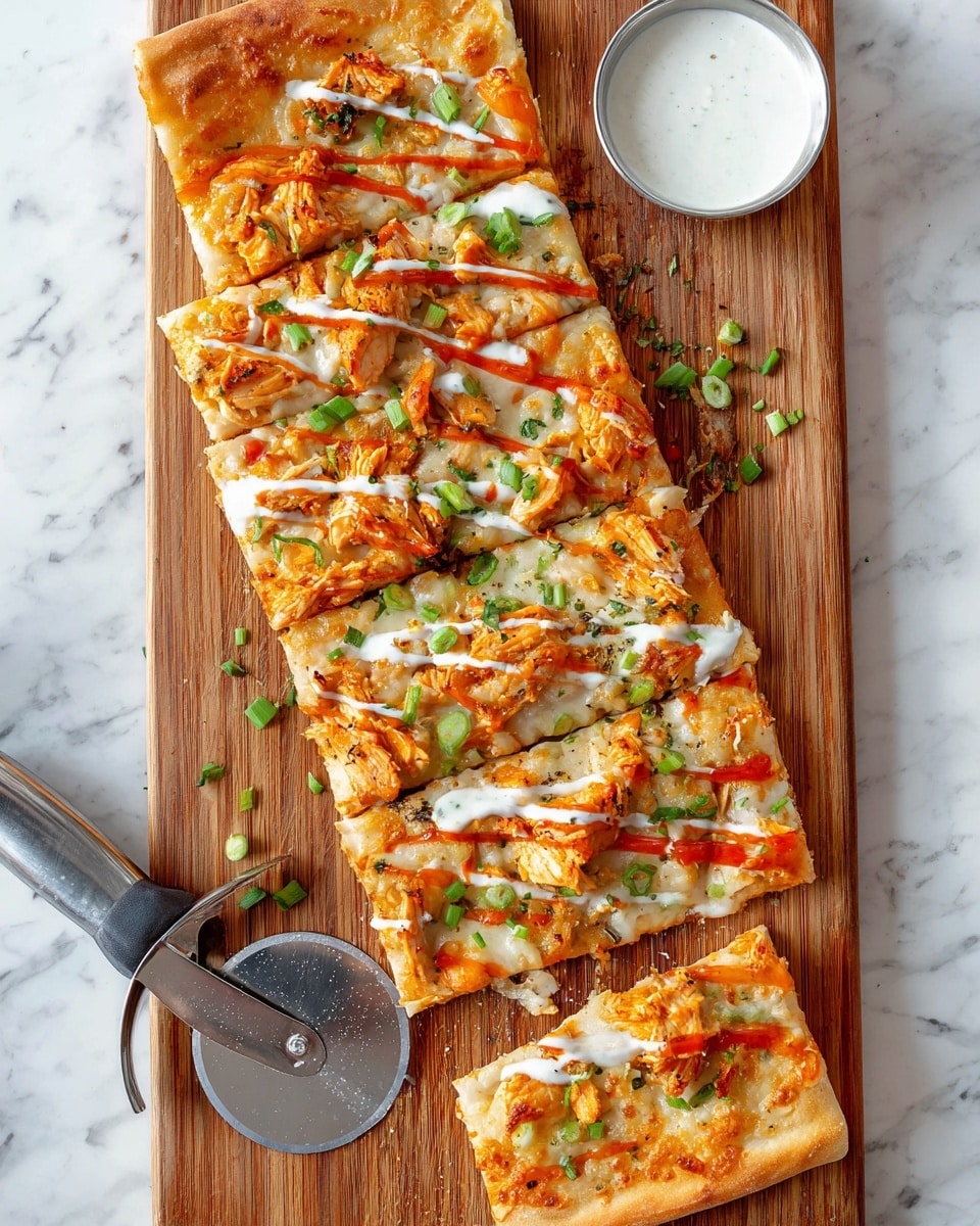 A rectangular pizza is placed on a wooden board with three slices cut from the bottom right side, showing a golden-brown crust base. The pizza toppings include melted cheese with a slightly browned texture, chunks of orange-colored chicken, green onion pieces spread evenly, and drizzles of white sauce and red hot sauce crossing the top. Next to the pizza on the board is a small round bowl filled with white sauce, and a shiny metal pizza cutter lies to the left bottom corner. The scene is set on a white marbled surface photo taken with an iphone --ar 4:5 --v 7