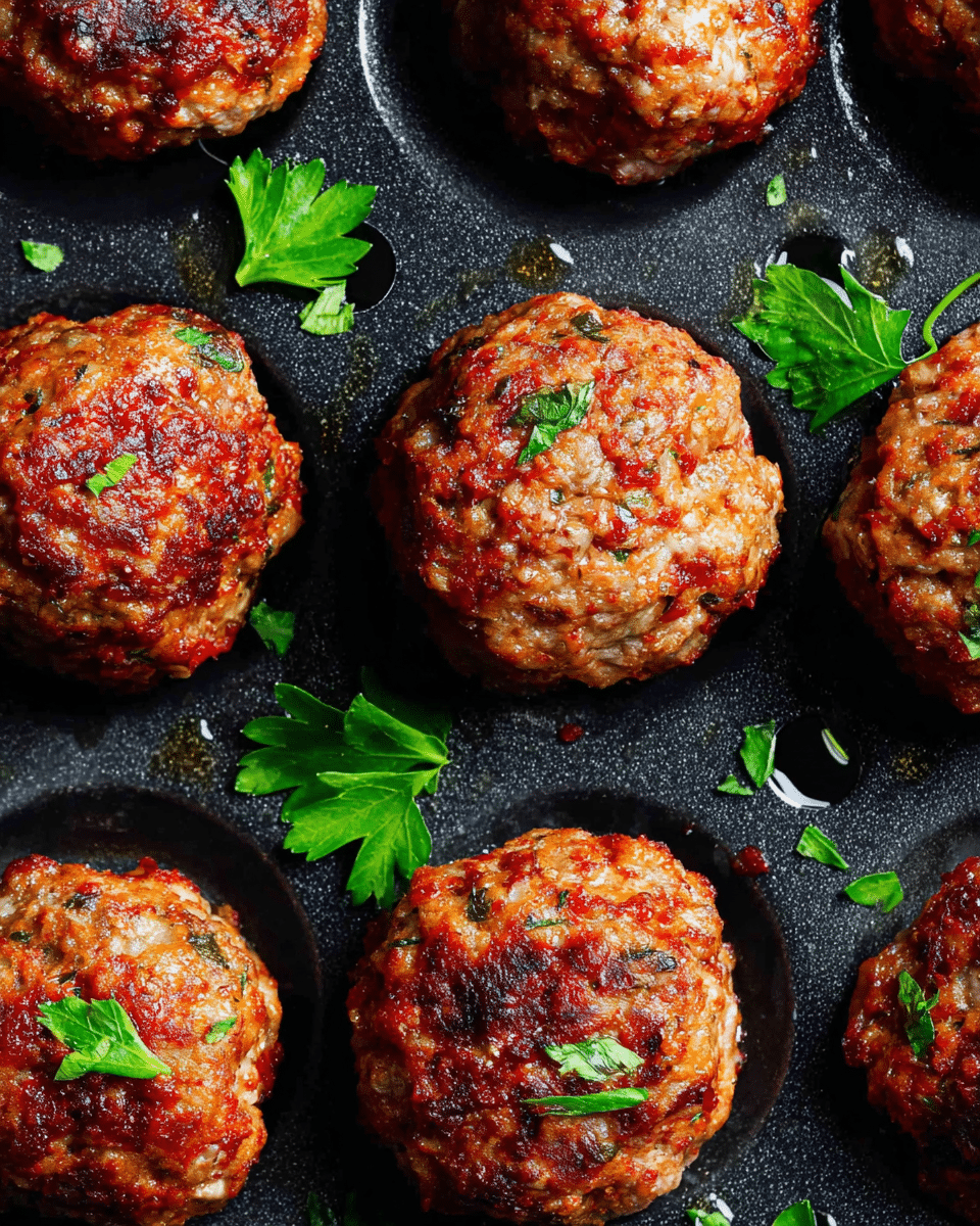 Several browned meatballs with a textured, crispy surface sit inside a black cooking tray with round holes. Each meatball is garnished with small fresh green parsley leaves scattered on and around them. The meatballs have a rich, reddish-brown color with visible herbs and bits of onion, showing a homemade, juicy appearance. The black cooking tray has a glossy finish with some oil droplets shining, and the background is a white marbled texture. photo taken with an iphone --ar 4:5 --v 7