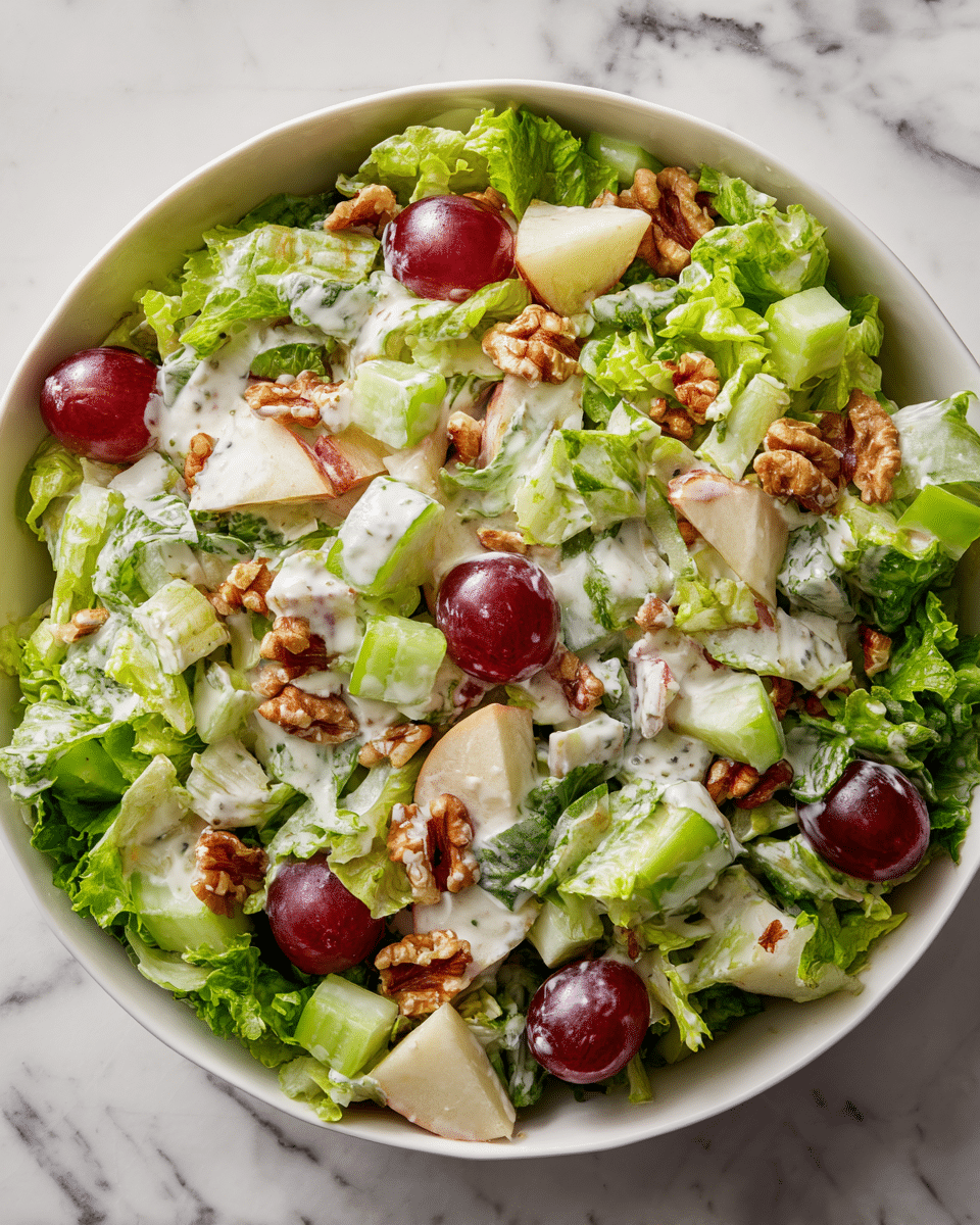A white scalloped bowl filled with a layered salad sitting on a white marbled surface, the base layer made up of crisp green leafy lettuce surrounding the bowl’s inside edges, the middle layer featuring pale green celery slices and round red grape halves, and the top layer consisting of pale cubes of creamy coated apples and rough textured brown walnut pieces, all mixed together with a thick white creamy dressing that coats every ingredient lightly but visibly, photo taken with an iphone --ar 4:5 --v 7