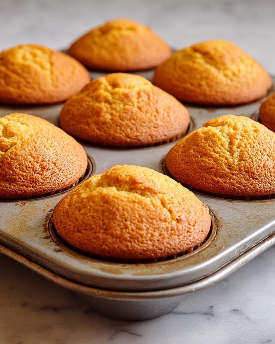 A close-up view of a metal muffin tin filled with nine freshly baked golden brown muffins, each with a slightly cracked and textured top, rising above the edge of the tin. The tray sits on a white marbled surface, and the muffins have a warm, soft look with a consistent light brown color. The metal tin has a worn, slightly shiny finish that contrasts with the smooth marble below. Photo taken with an iphone --ar 4:5 --v 7