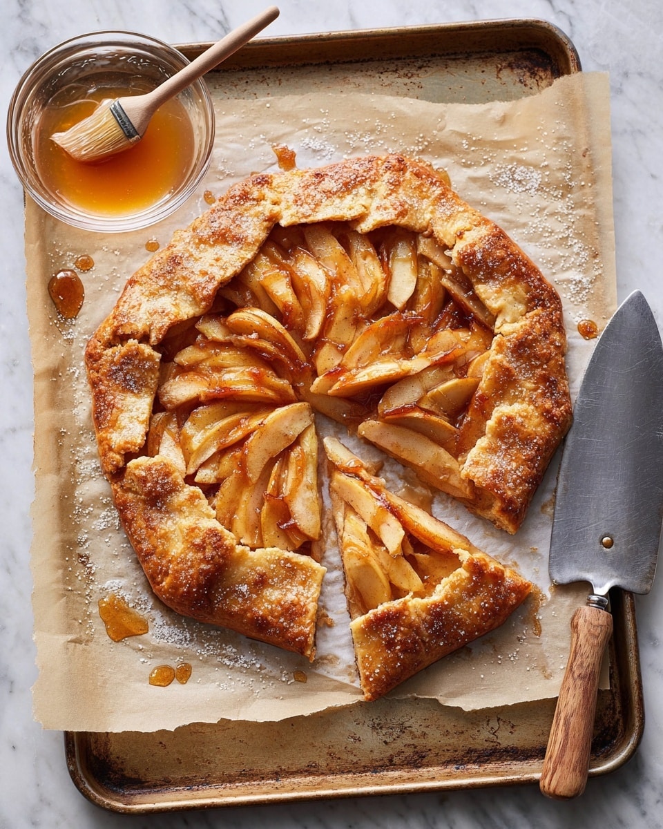 A golden-brown rustic galette sits on a baking tray lined with parchment paper, resting on a white marbled surface. The galette has one thick, rough outer crust edge folded inward, sprinkled with coarse sugar for a crunchy texture. Inside the crust is a single layer of thinly sliced apple pieces, caramelized with a light brown cinnamon glaze that adds shine and a slightly sticky look to the fruit. A triangular slice is slightly pulled away from the main galette, showing the neat arrangement of apple slices beneath the crust. To the top left of the galette, a small clear glass bowl contains a light amber glaze with a wooden pastry brush dipped inside. Beside the galette on the right is a metal spatula with a wooden handle, resting diagonally on the parchment. photo taken with an iphone --ar 4:5 --v 7