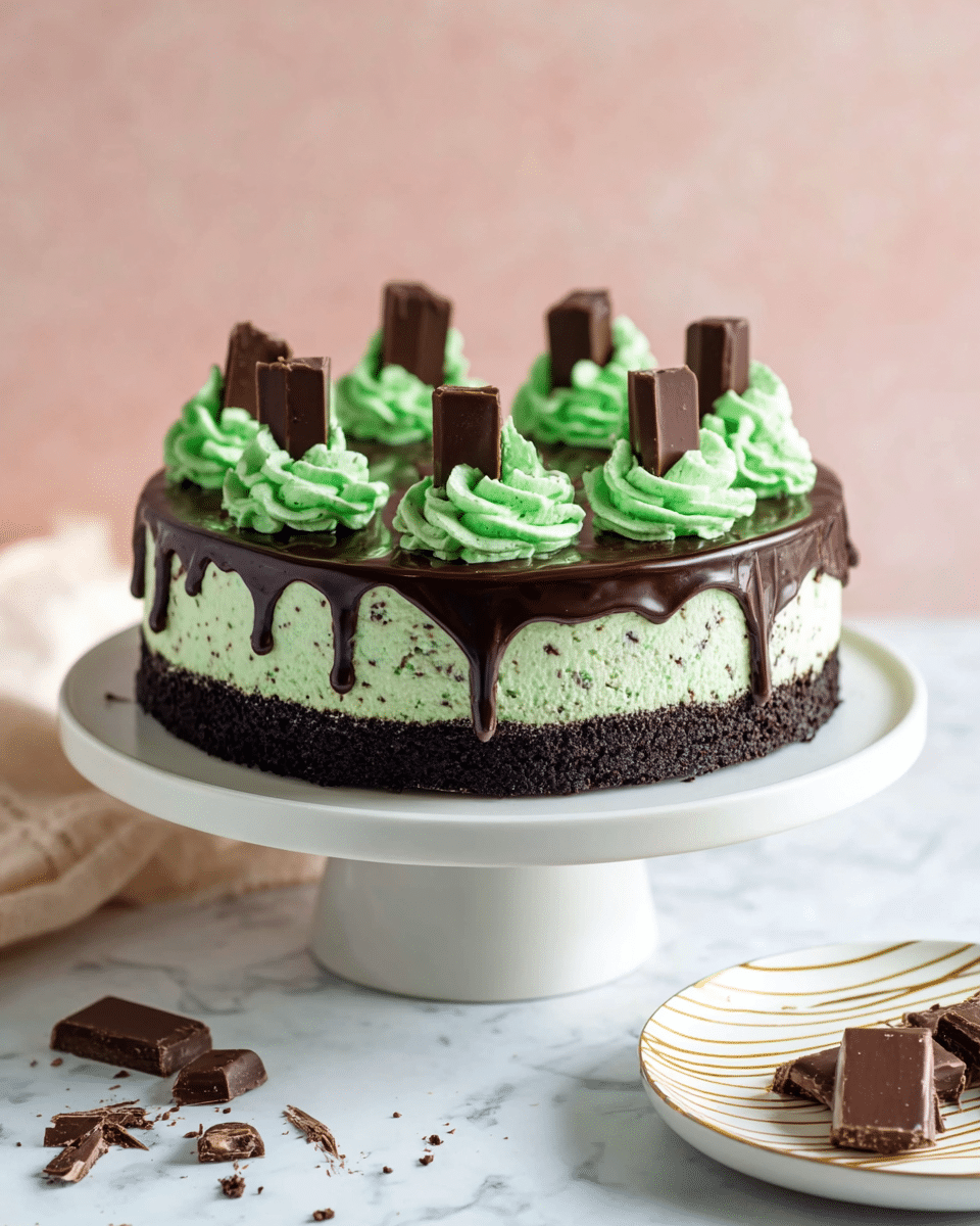 A three-layer round cake on a white cake stand sits against a light pink background and white marbled surface. The bottom layer is dark, crumbly chocolate crust. The middle layer is mint green with specks of darker bits, showing a creamy texture. The top layer is a shiny dark chocolate glaze that drips slightly over the edges. On top, there are seven evenly spaced swirls of light green whipped cream, each topped with a small rectangular piece of dark chocolate. In the foreground, a white plate with thin gold lines and small pieces of chocolate lay scattered on the white marbled surface. photo taken with an iphone --ar 4:5 --v 7