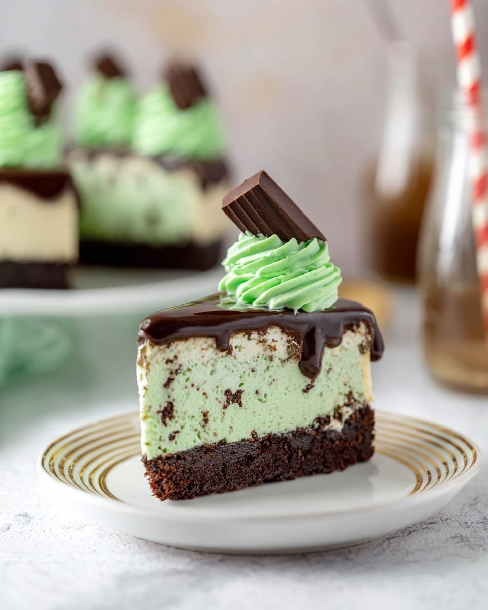 A slice of three-layer dessert on a white plate with thin gold lines, placed on a white marbled texture surface. The bottom layer is thick and dark brown, looking like a chocolate crust. The middle layer is thick, light green with small dark specks, giving a creamy, soft texture. The top layer is a shiny dark brown chocolate glaze that drips slightly down the sides. On top of the piece is a swirl of bright green whipped cream, decorated with a small dark rectangular chocolate piece standing upright. In the background, part of the whole cake and a glass bottle with a red straw are blurred but visible. Photo taken with an iphone --ar 4:5 --v 7