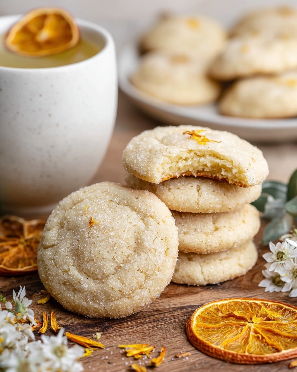 A close-up of a group of soft, round cookies with a slightly cracked surface and sugar coating, stacked in two piles on a wooden board; one cookie in the front pile has a bite taken out of it, showing a light, crumbly inside; bright dried orange slices and small white flowers are scattered around the cookies adding color and detail; in the background a white cup filled with a light-colored tea is partially visible, garnished with a dried orange slice on top; to the upper right, a white plate holds more of the same cookies, slightly blurred to keep the focus on the front pile. photo taken with an iphone --ar 4:5 --v 7