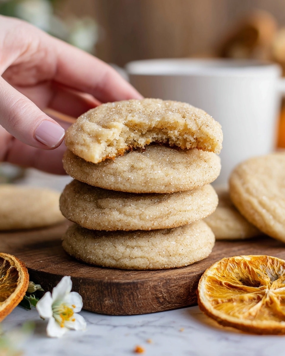 A stack of four light golden-brown sugar cookies with a soft and slightly crumbly texture sits on a wooden board. The top cookie has a bite taken out of it, revealing a moist inside. A woman's hand gently holds the top cookie. In the foreground, there are dried orange slices and a small white flower near the cookies. In the background, there is a white cup and more cookies, all set on a white marbled surface. photo taken with an iphone --ar 4:5 --v 7