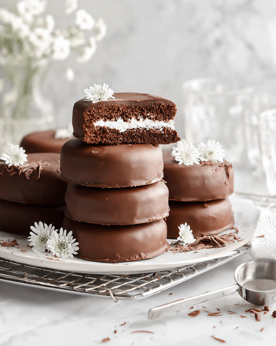 A stack of six round chocolate-coated cakes is arranged on a white plate with a metal rack beneath it, placed on a white marbled surface. The cakes have a smooth, shiny light brown chocolate coating covering them entirely. The top cake is cut in half, showing three layers: a thin chocolate outer layer, a dark brown, soft cake layer, and a white creamy filling in the center. Small white flowers decorate the side of the cakes. Chocolate shavings are scattered on the surface, and a small metal measuring cup is on the right side. The background is softly lit with a white marbled wall and some blurred glassware photo taken with an iphone --ar 4:5 --v 7