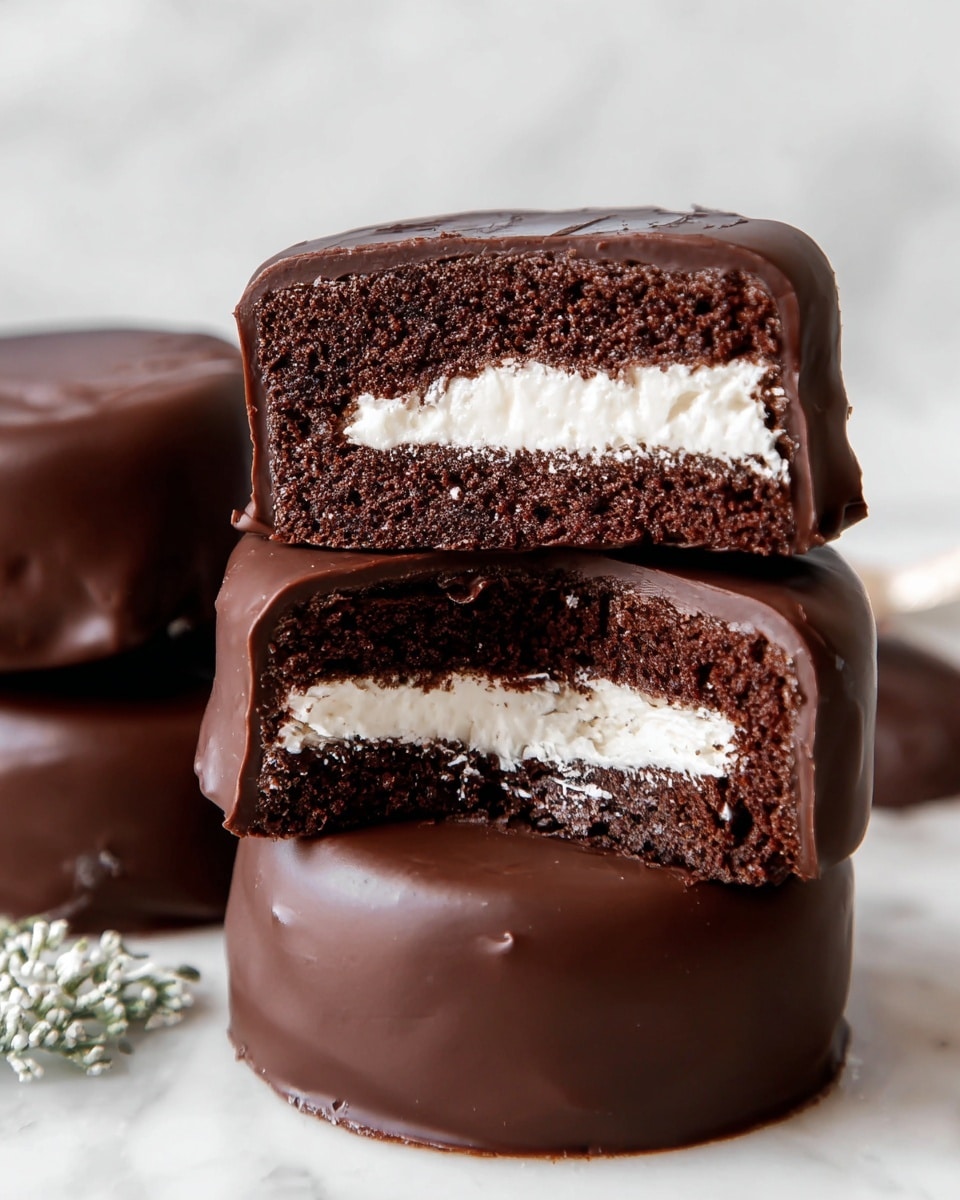 The image shows a stack of round chocolate cakes covered in smooth, glossy dark chocolate. On the top layer, two pieces are cut to show the inside, revealing two layers of dark chocolate cake with a thick white cream filling in the center. The cakes have a rich, moist texture and the chocolate coating looks thick and even. The background and surface have a white marbled texture, making the dark cakes stand out clearly. photo taken with an iphone --ar 4:5 --v 7