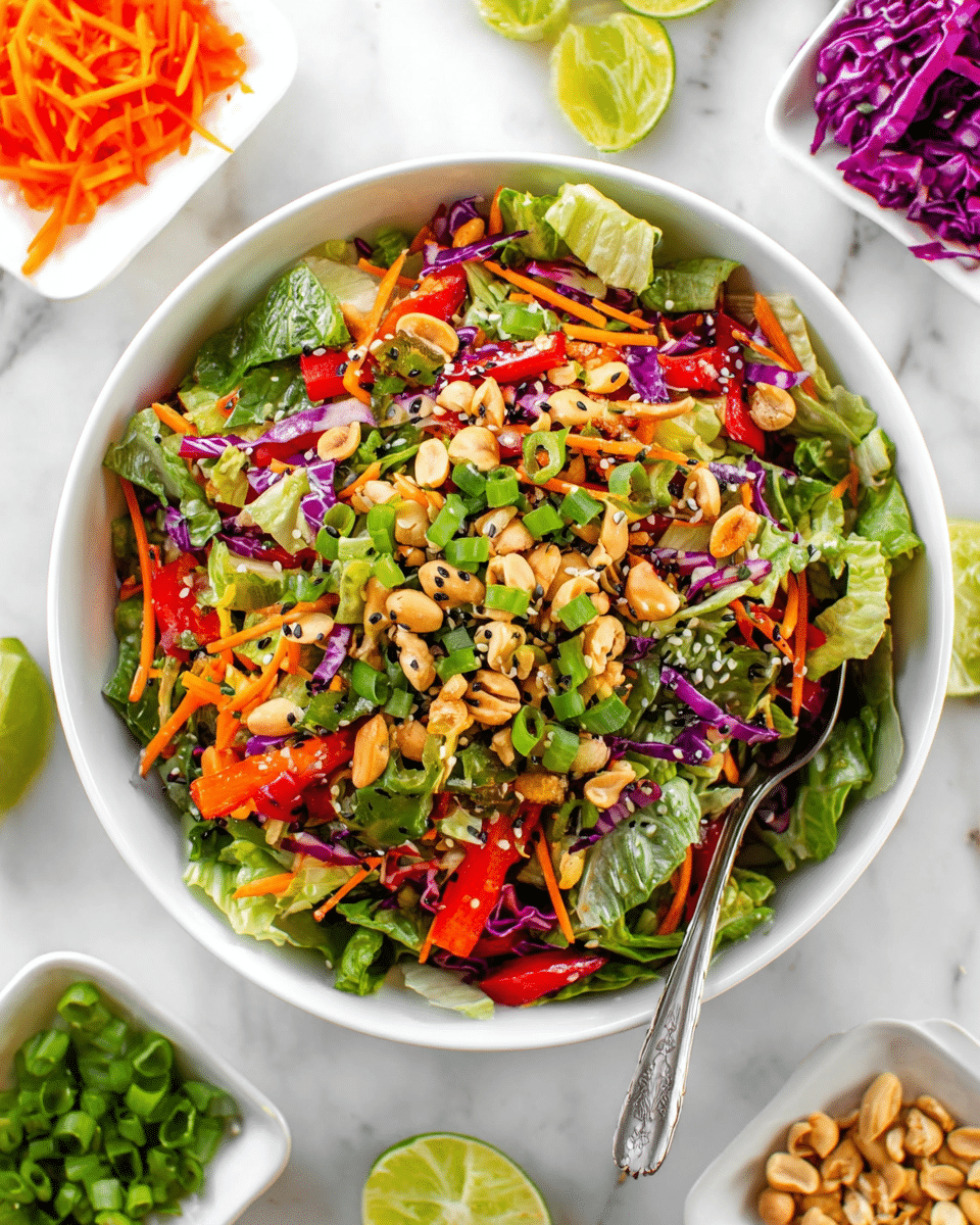 A fresh salad served in a white bowl filled with mixed layers of chopped green lettuce, shredded bright orange carrots, thin sliced purple cabbage, and diced red bell peppers. On top, chopped green onions and a generous handful of mixed nuts including peanuts, almonds, and cashews add texture. Thin black sesame seeds are sprinkled over the salad. Two lime wedges sit at the bowl's edge. Around the bowl are small white dishes holding extra shredded purple cabbage, carrots, green onions, and nuts, all on a white marbled surface. A spoon is placed inside the bowl, ready to serve. photo taken with an iphone --ar 4:5 --v 7